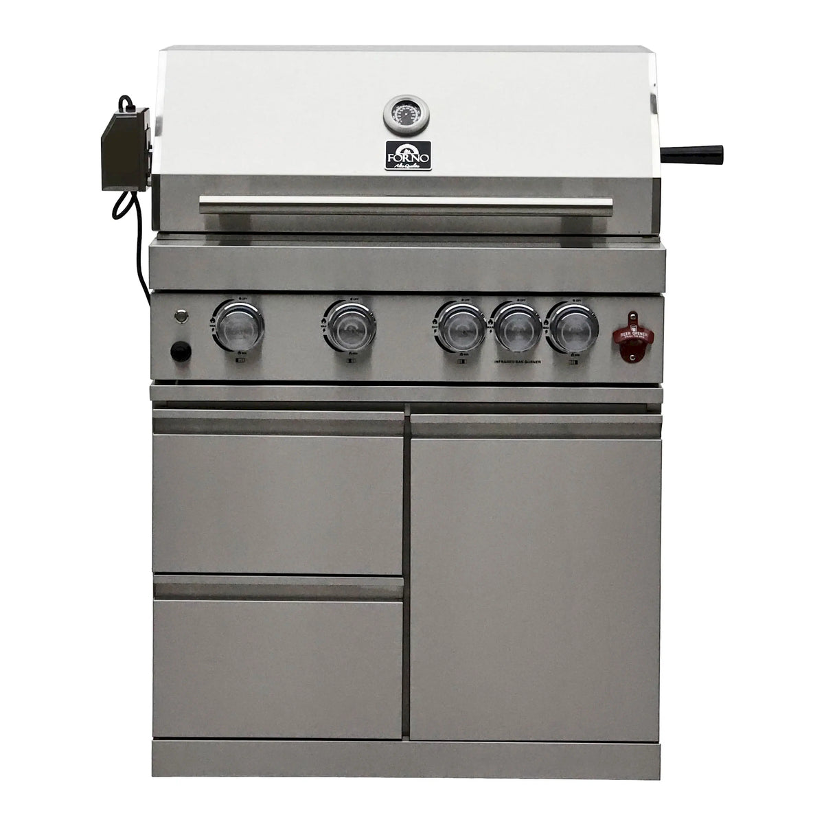 Stainless steel BBQ grill front with burner knobs and lid thermometer