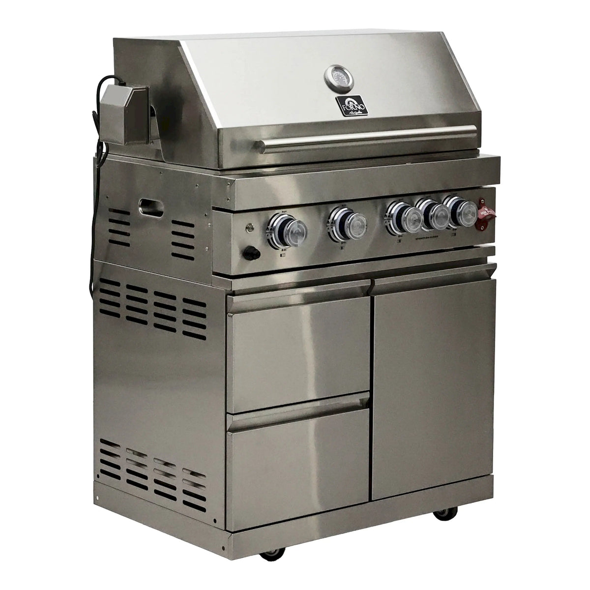 Stainless steel BBQ grill side panel with control knobs and vent openings