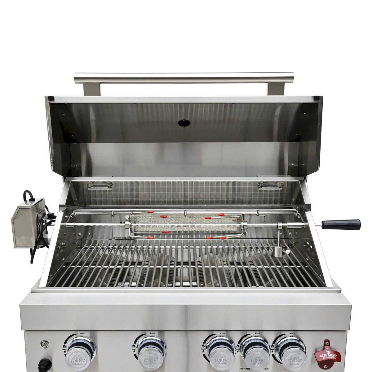 Open stainless BBQ grill with cooking grates, warming rack, and front control knobs