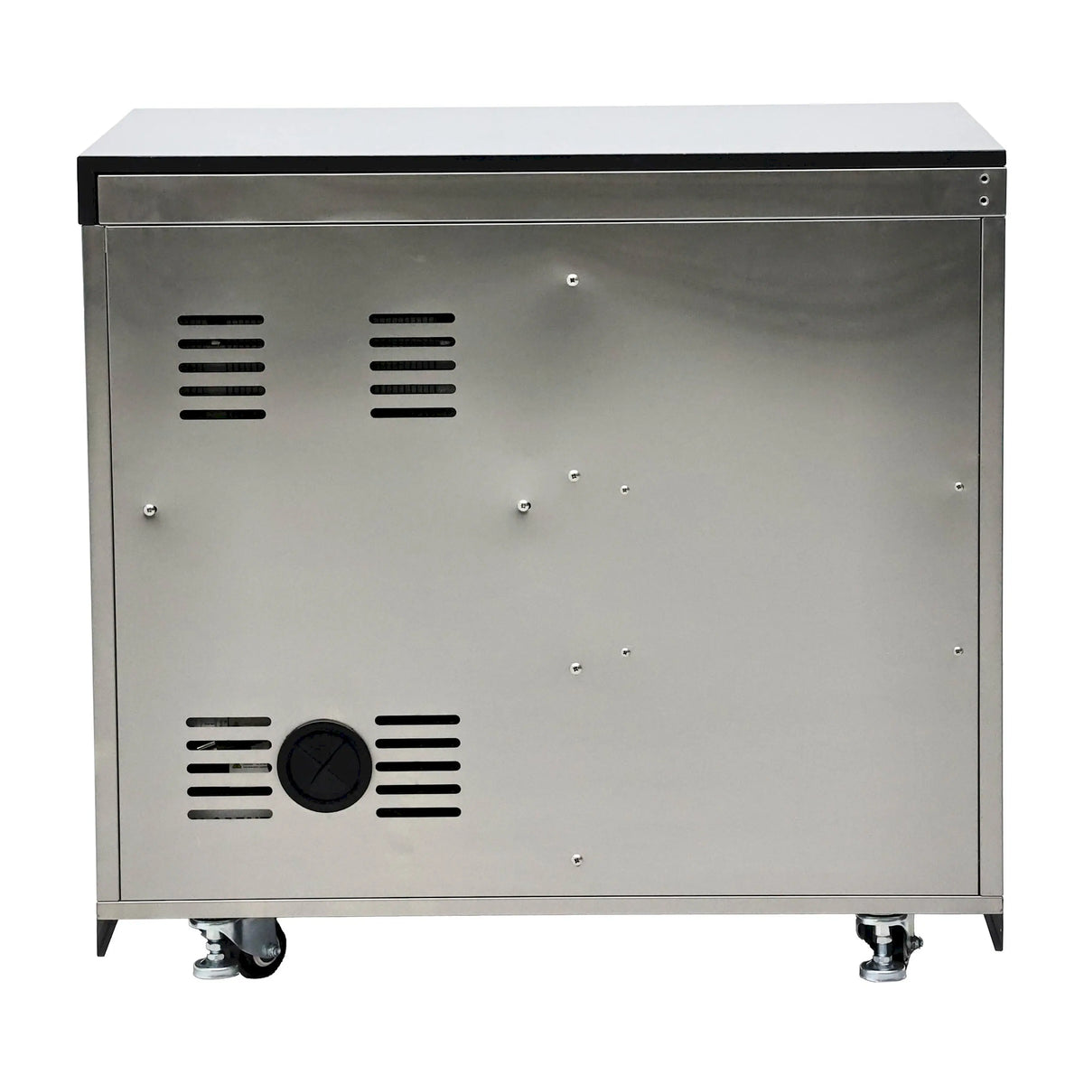 Stainless BBQ grill rear housing with vent openings and caster feet