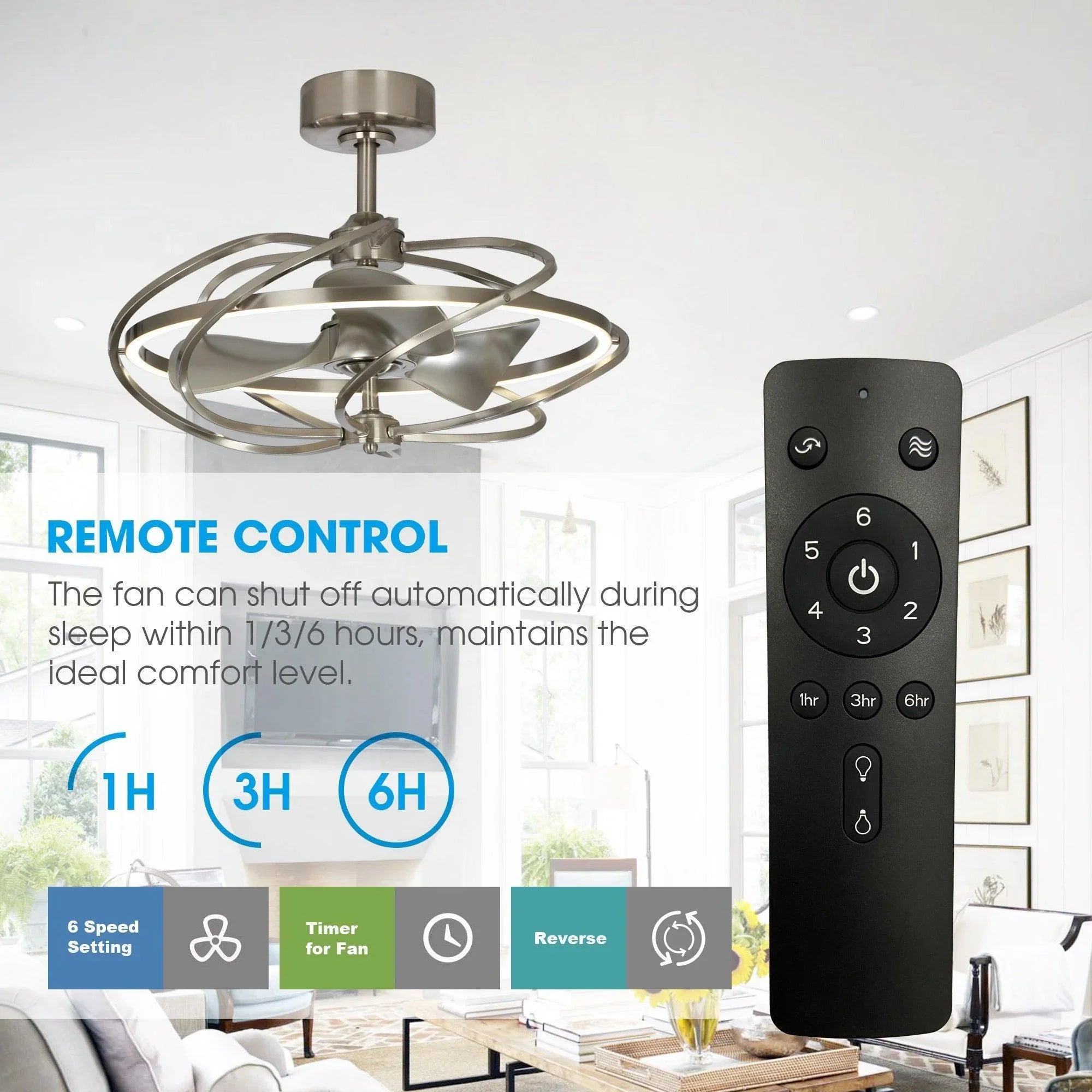 Brushed nickel ceiling fan with integrated LED lighting and included remote control.