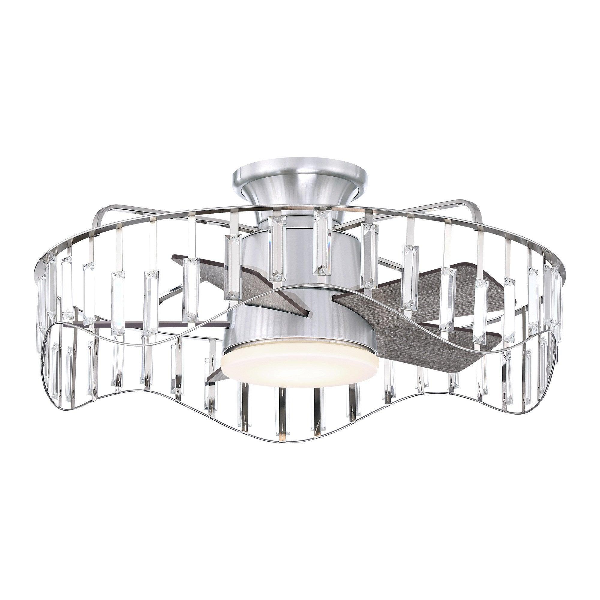 Brush nickel flush-mount ceiling fan with circular clear glass cage and dark wood-toned blades