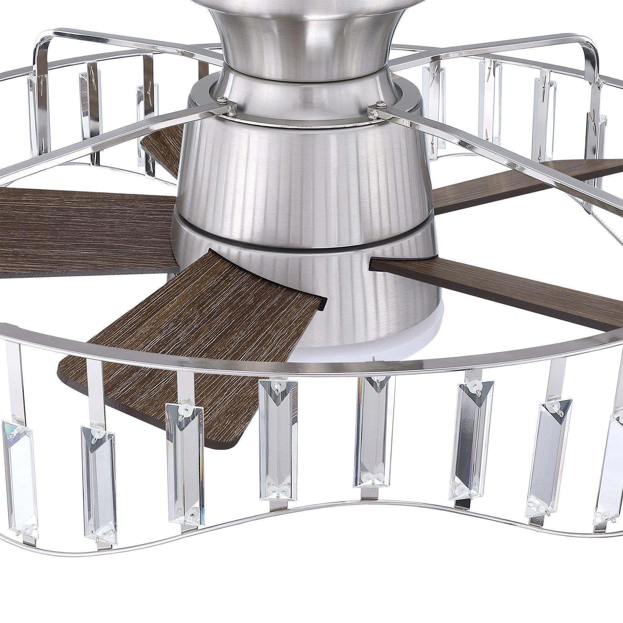 Brush nickel fan canopy with clear glass rods, dark blades, and white light diffuser