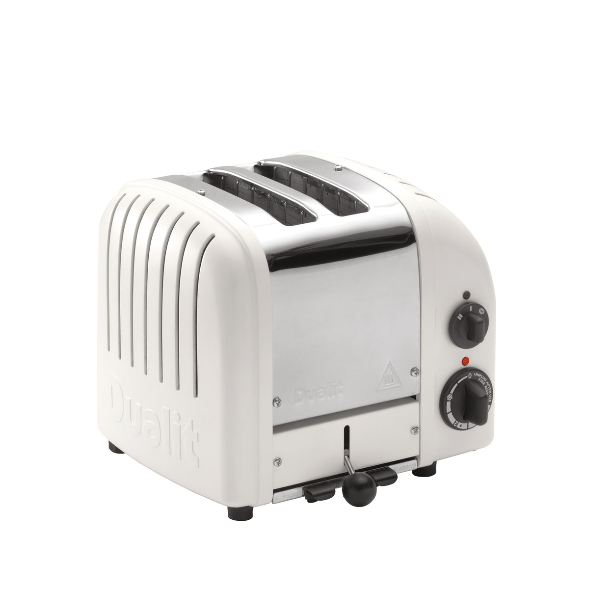 White 2-slice toaster with two slots, side dial controls, and crumb tray knob