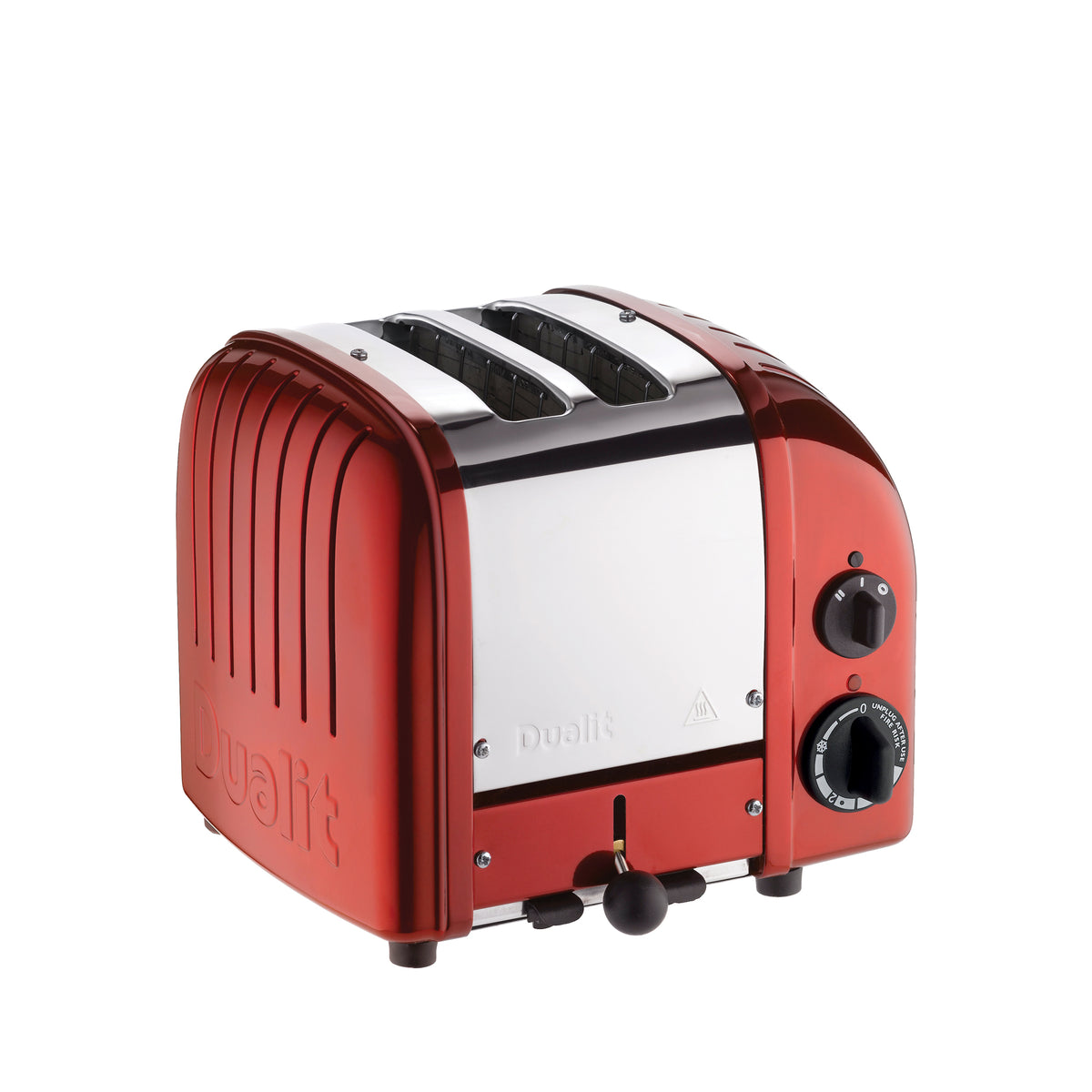 Red 2-slice toaster with stainless front and two adjustable browning controls