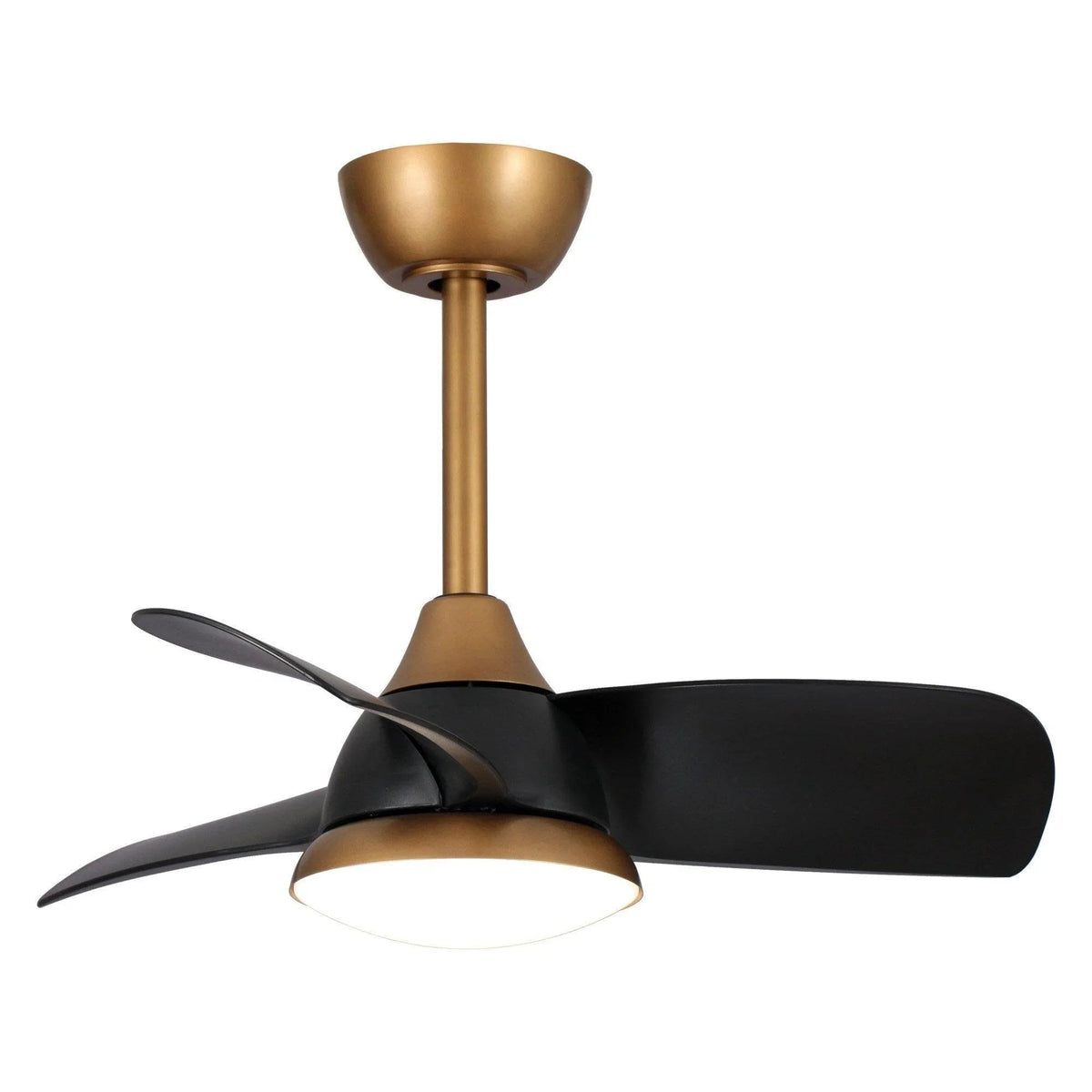 Ceiling fan with LED light, black reversible blades and bronze downrod mount