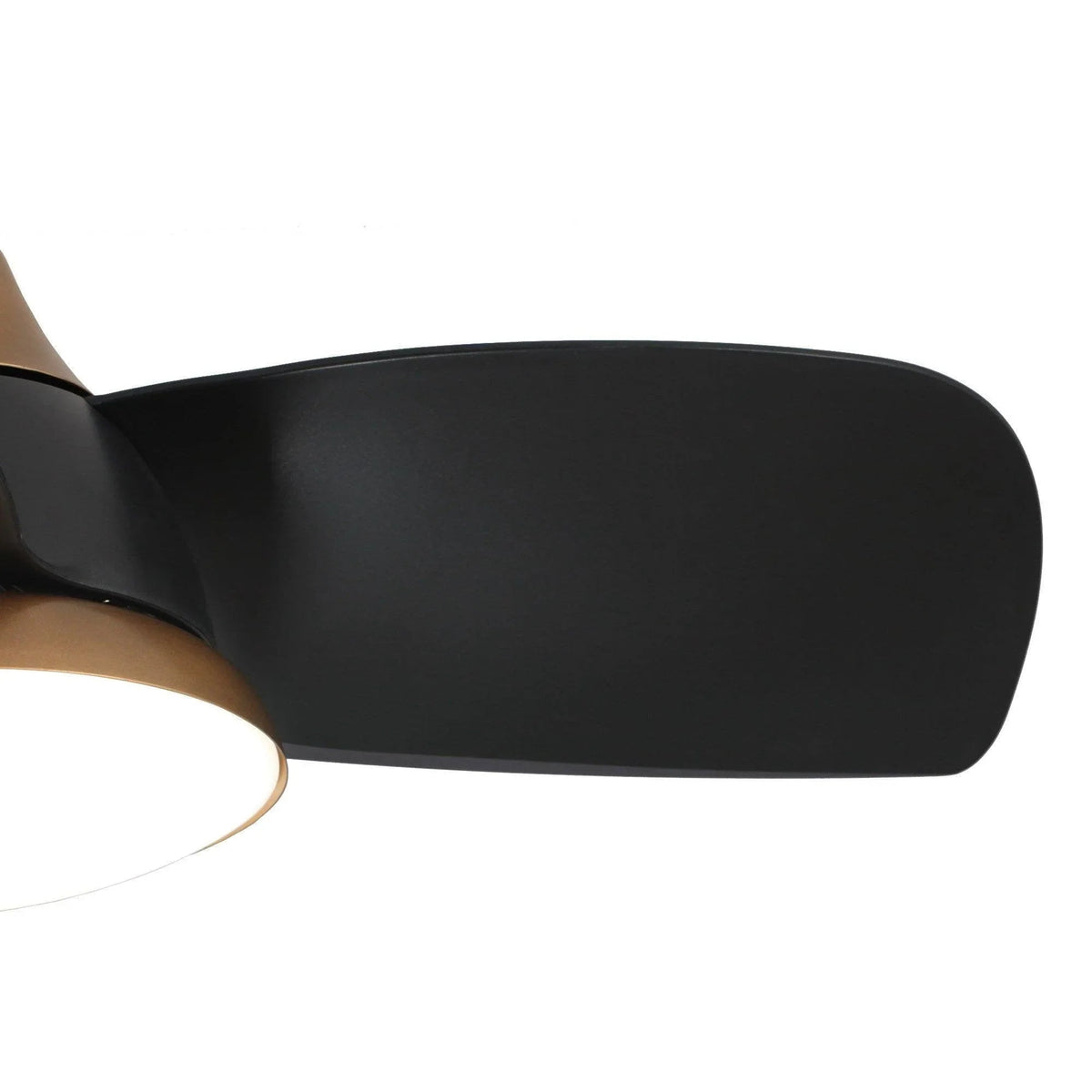 Ceiling fan blade close-up in black with LED light edge and bronze hardware