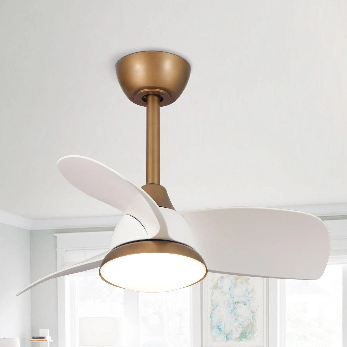 Ceiling fan with LED light, white reversible blades and bronze downrod