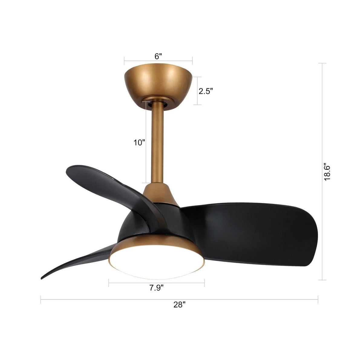 28-inch ceiling fan with LED light, gold mount and black reversible blades (dimension view)