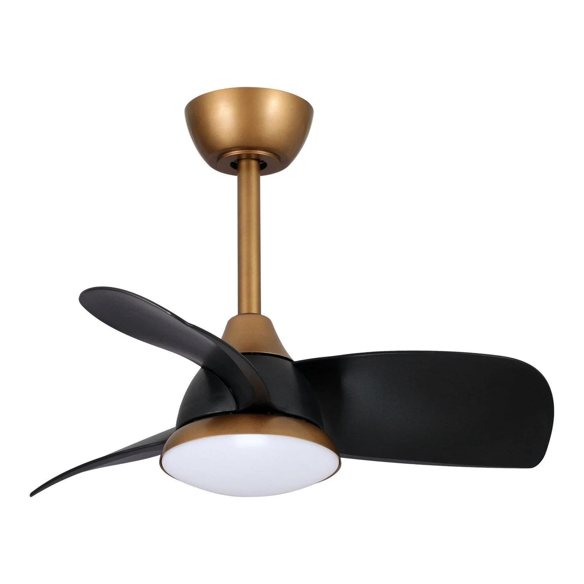 Ceiling fan with LED light, black reversible blades and bronze downrod mount