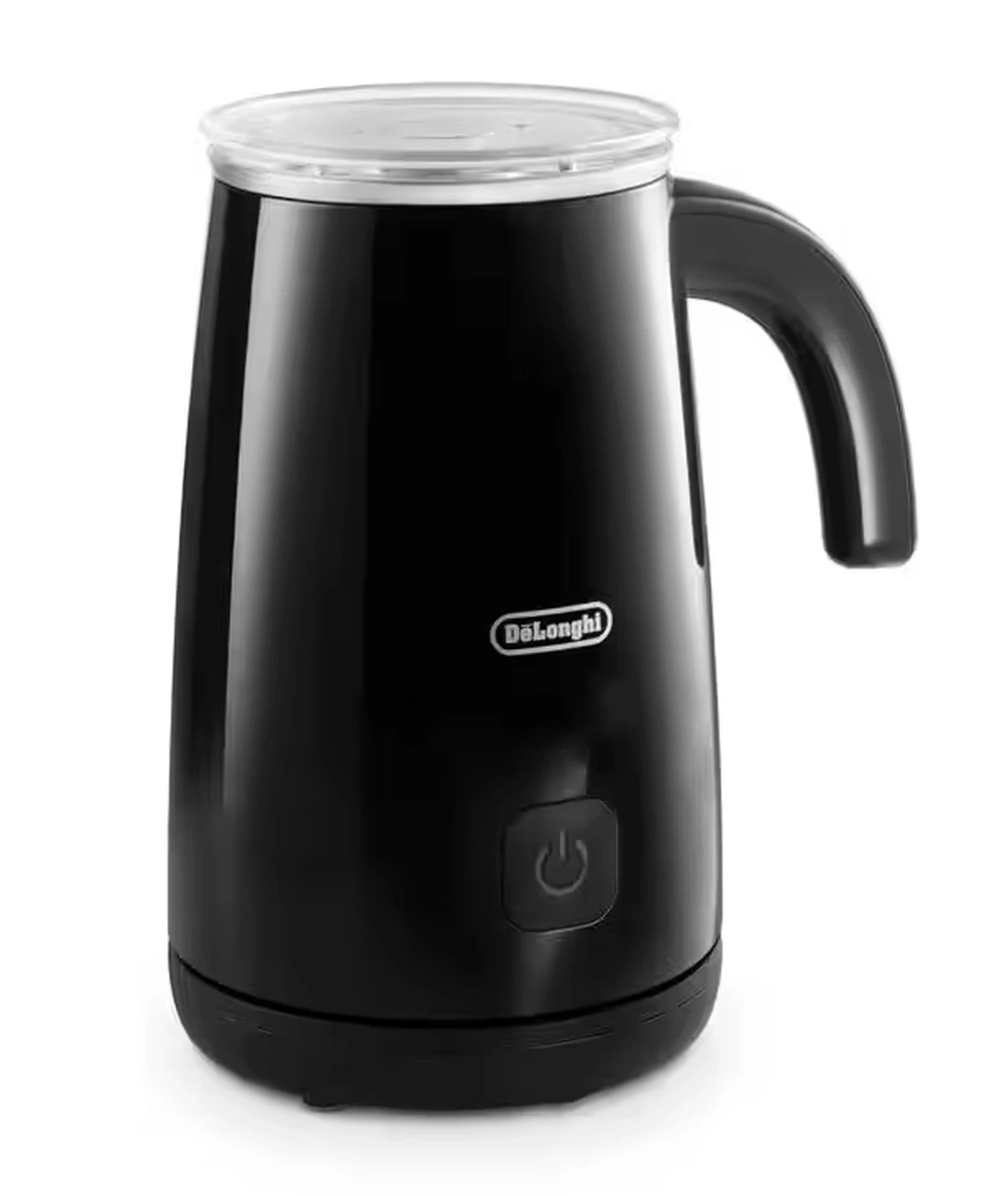 Black hot and cold milk frother with transparent lid and side handle