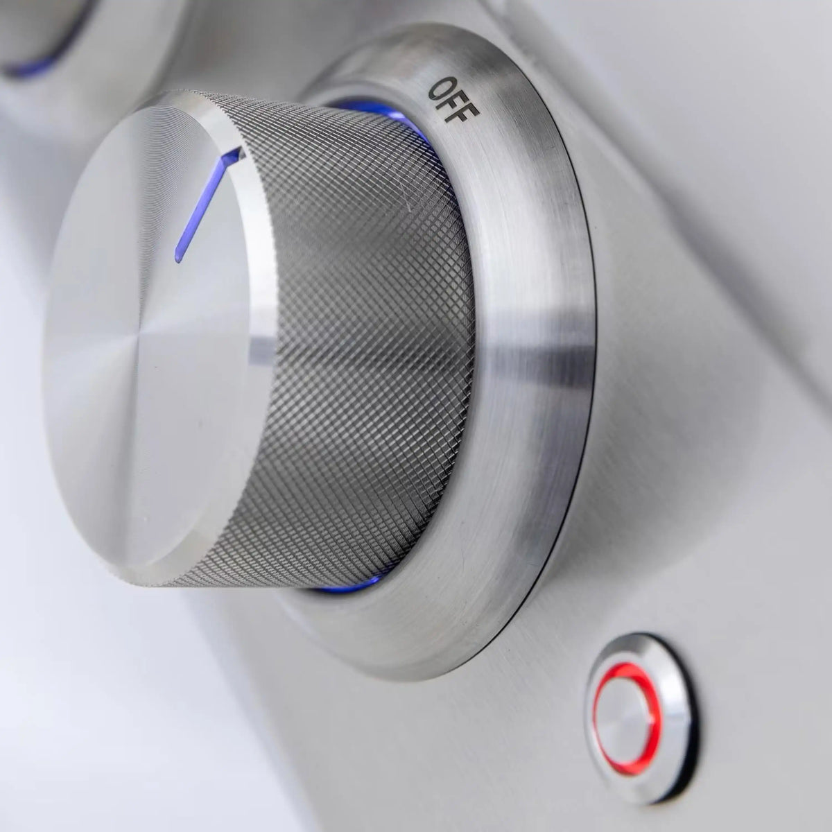 Stainless grill control knob with OFF marking and blue indicator