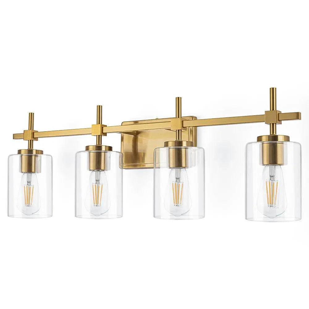 Golden 4-light bathroom vanity light with clear glass shades and polished metal frame