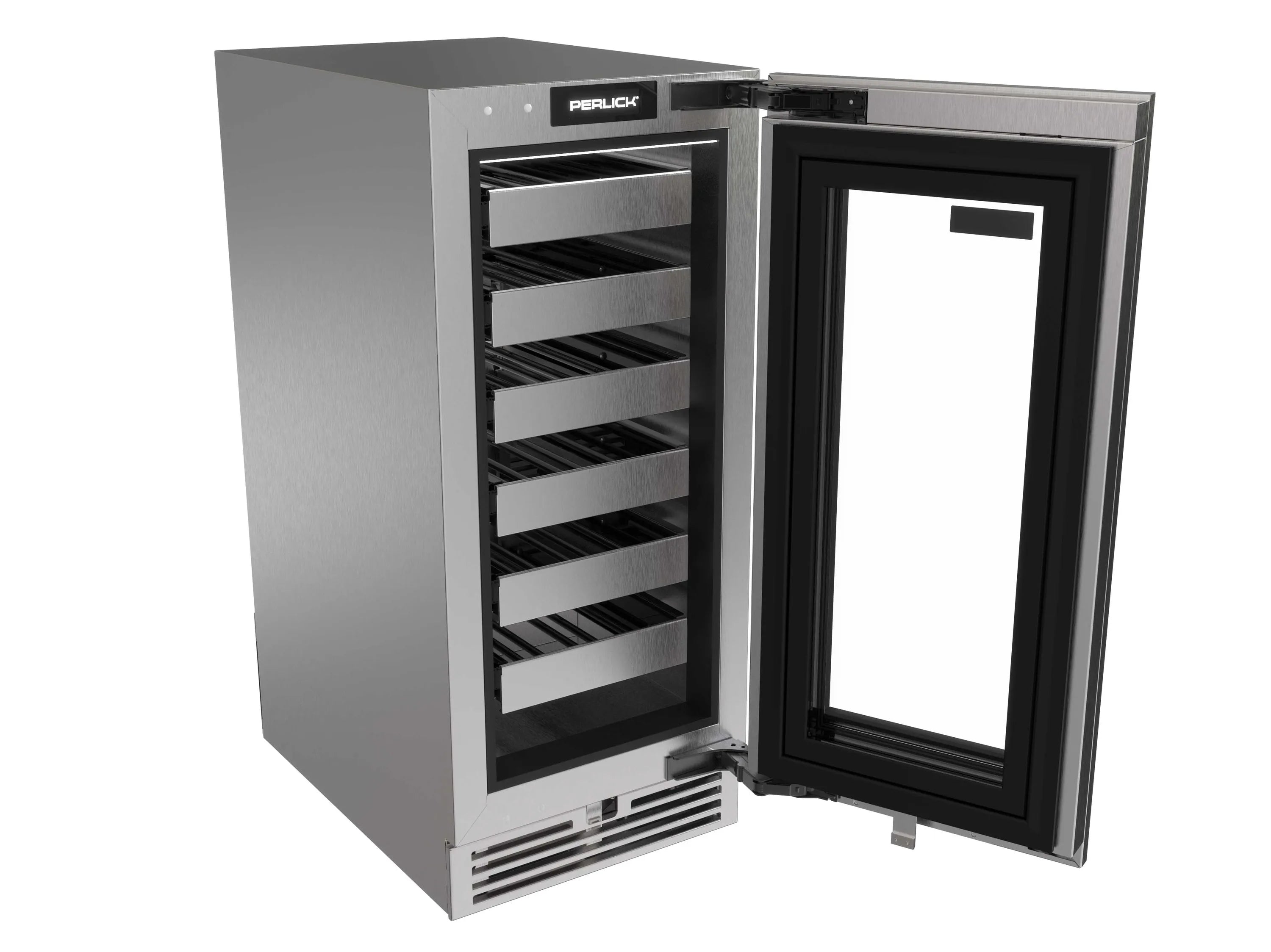 Undercounter wine cooler with stainless body, dark glass door, and interior wine shelves