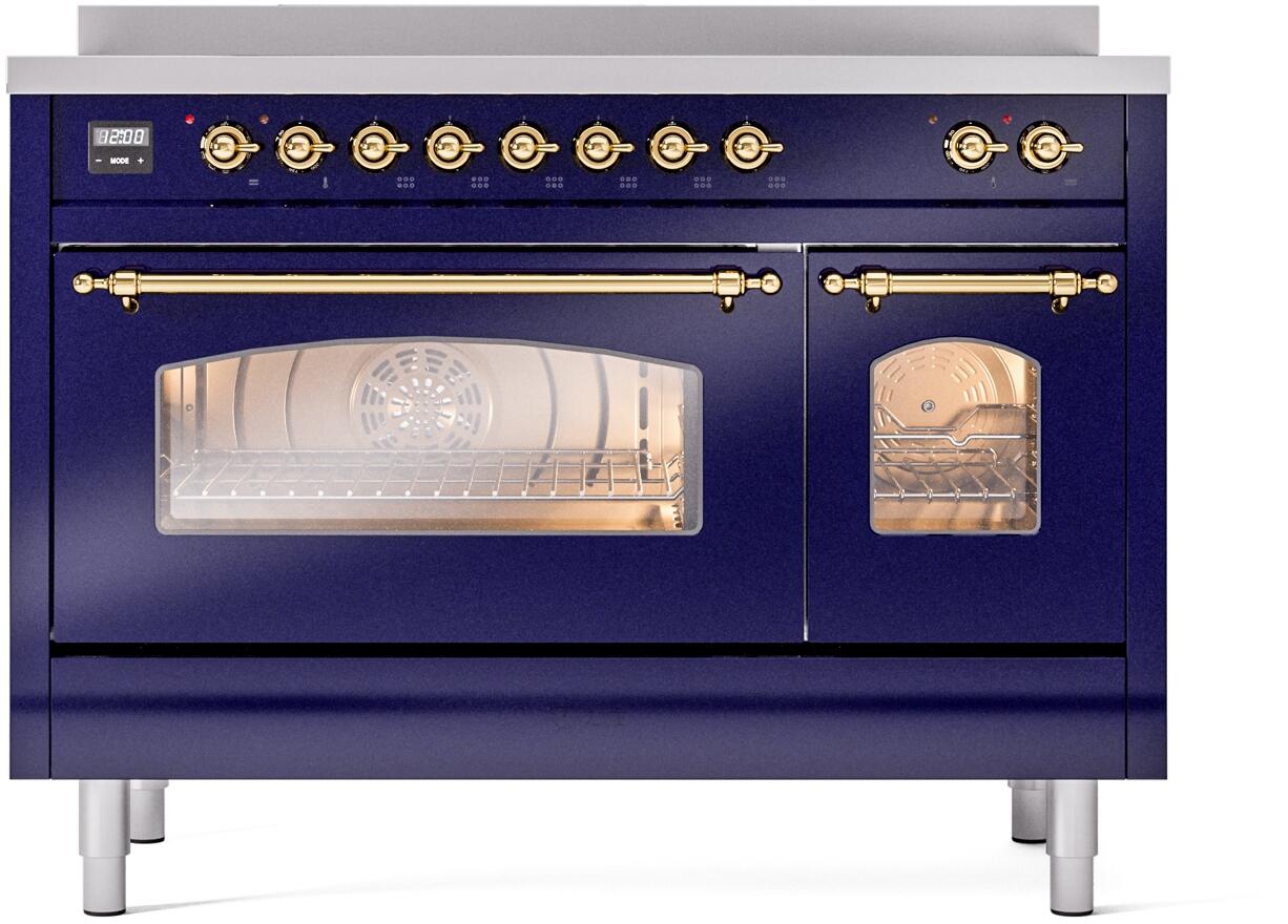 Freestanding electric induction range in midnight blue with brass-trimmed door and knobs