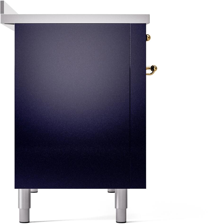 Midnight blue side panel of a freestanding induction range with brass handle detail
