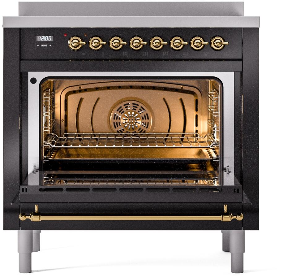 Freestanding induction range oven door open, showing interior rack and brass accents