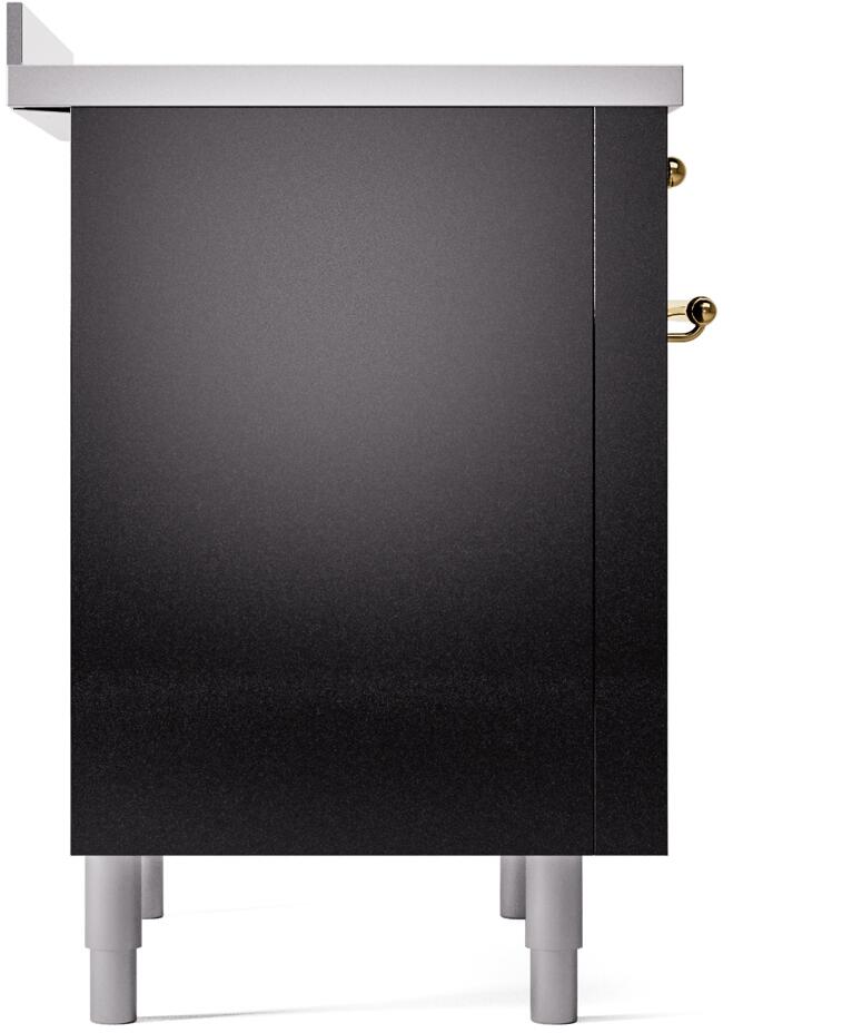 Freestanding induction range side panel in glossy black with brass handle details