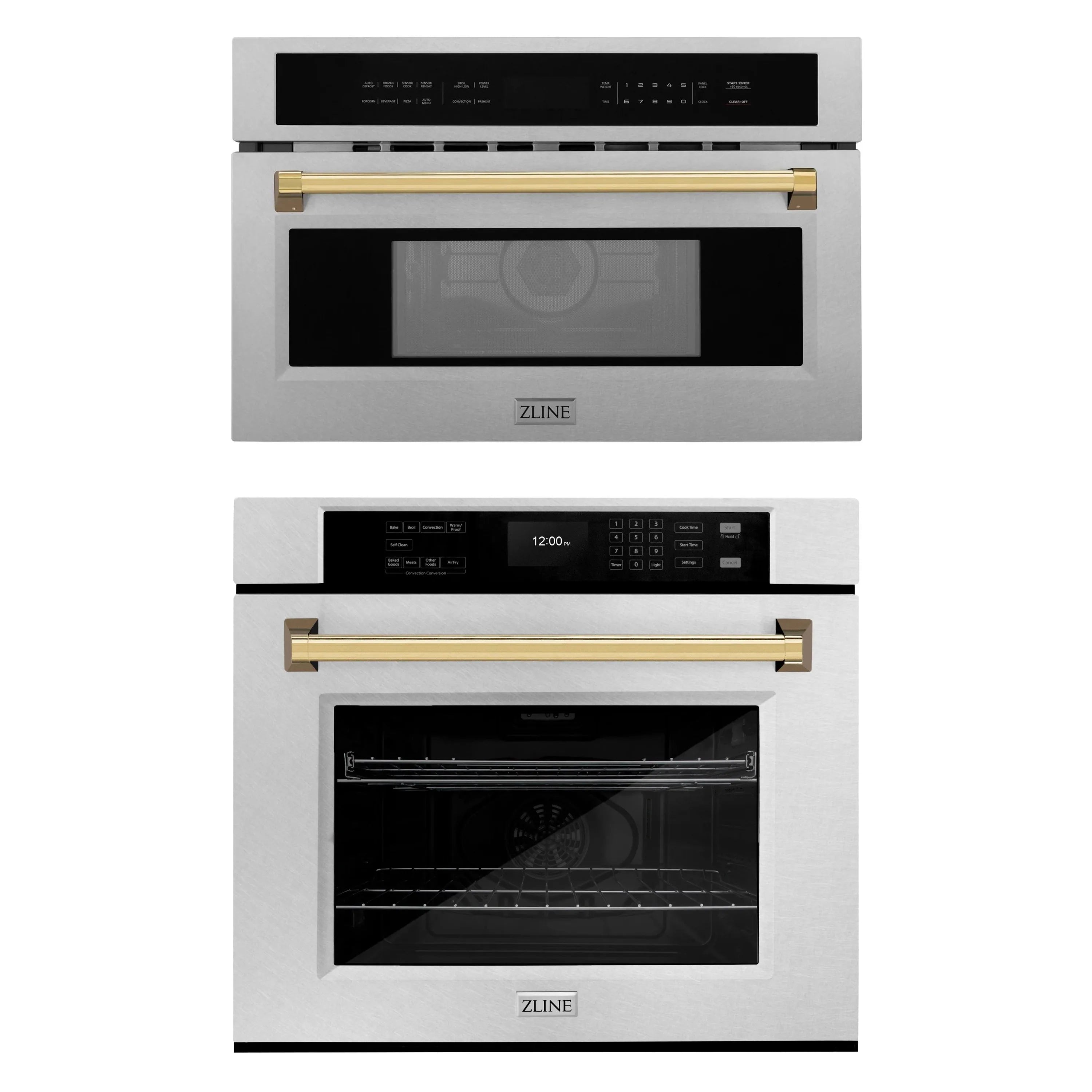 Stainless steel built-in wall oven front view with gold handle trim and control panel