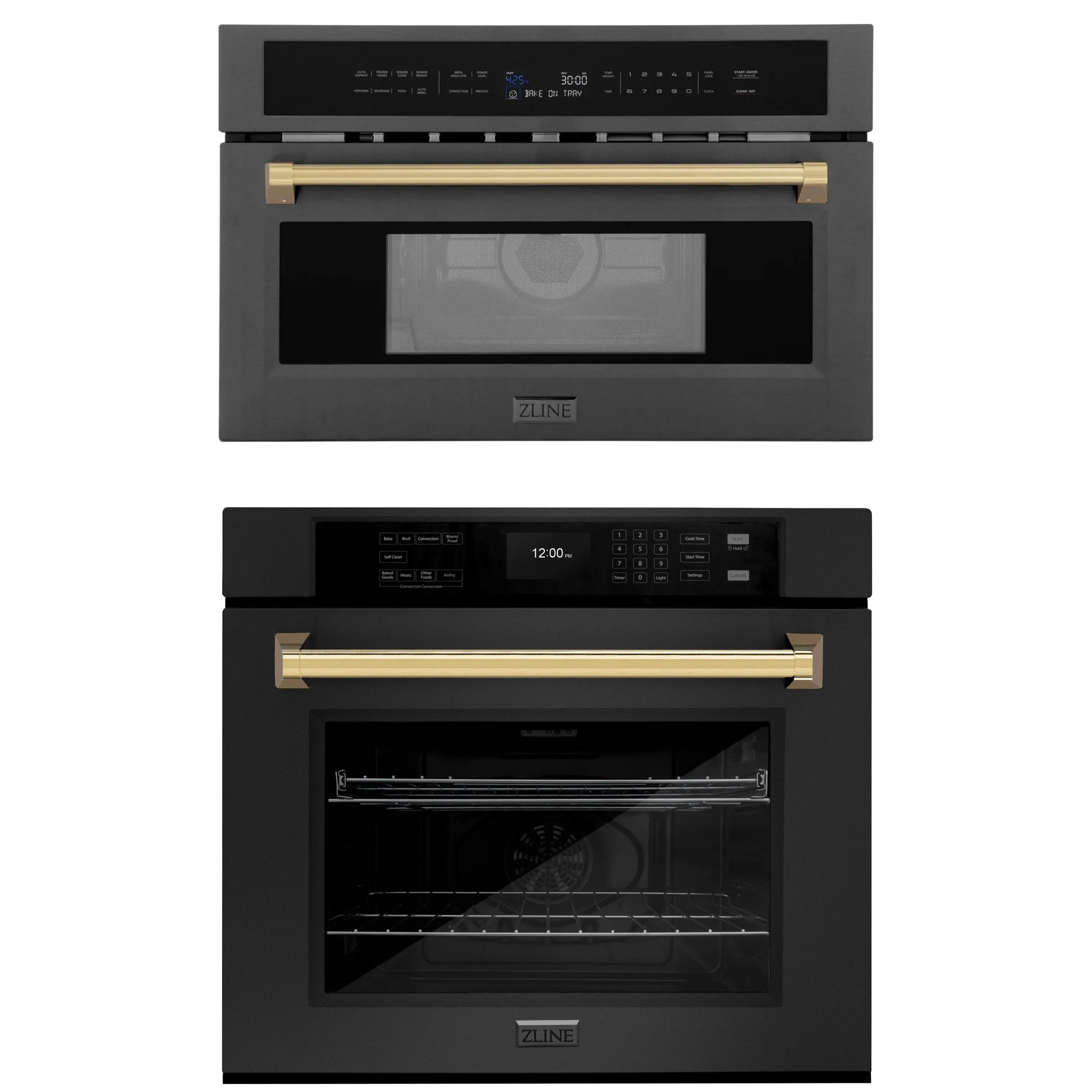 Black microwave and wall oven combo with champagne bronze handle trim, front view