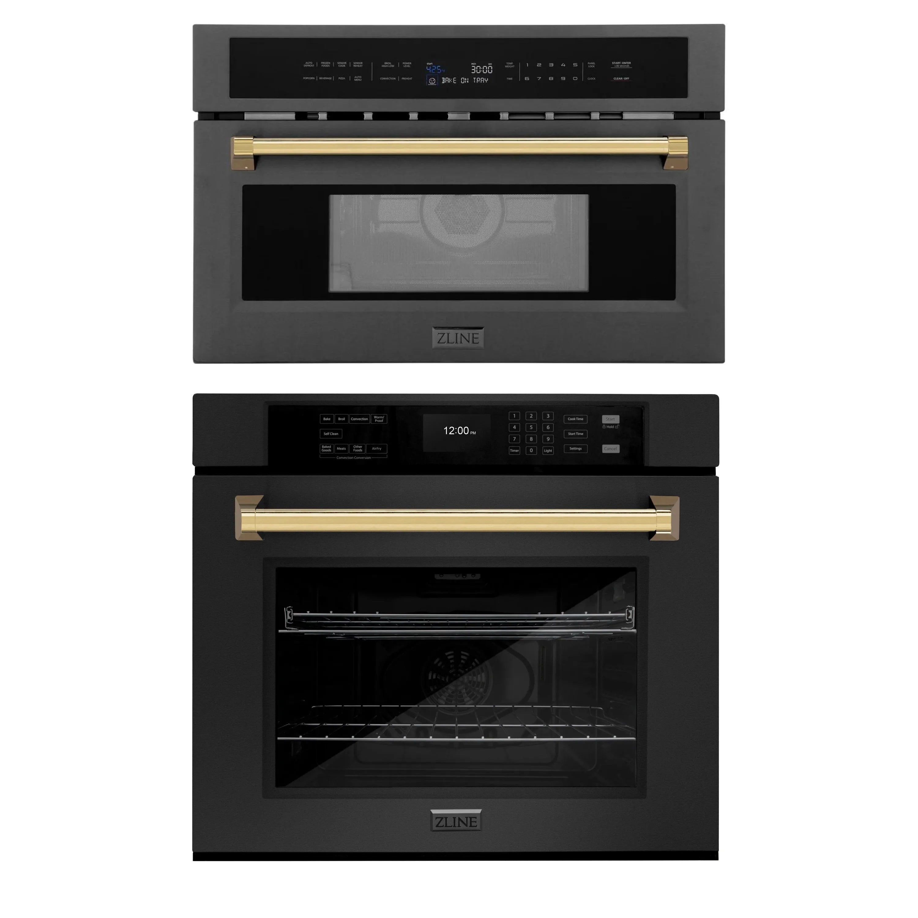 Two black built-in appliances stacked with gold handle trim