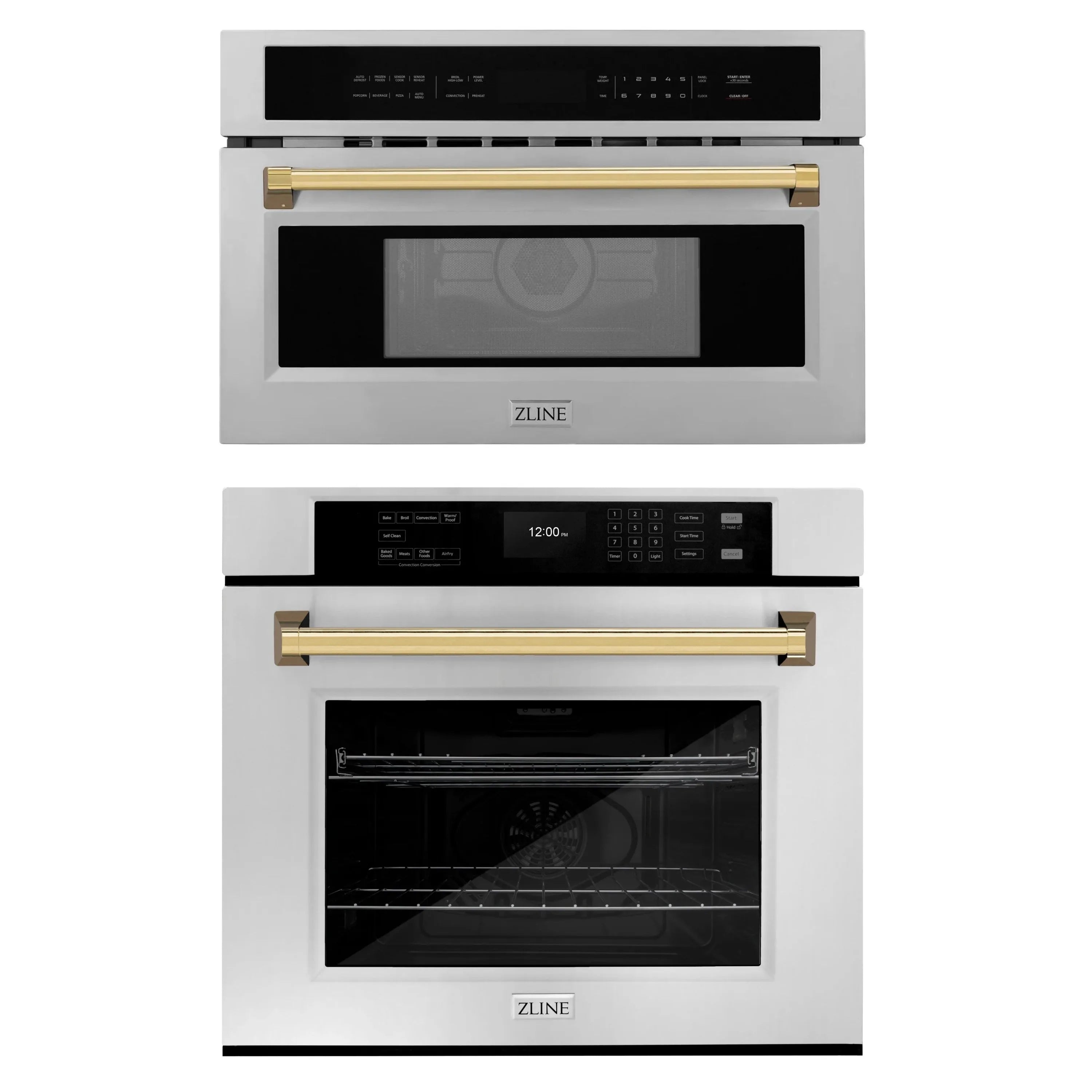 Stacked built-in wall oven views, gold handle trim, stainless steel doors and control panels