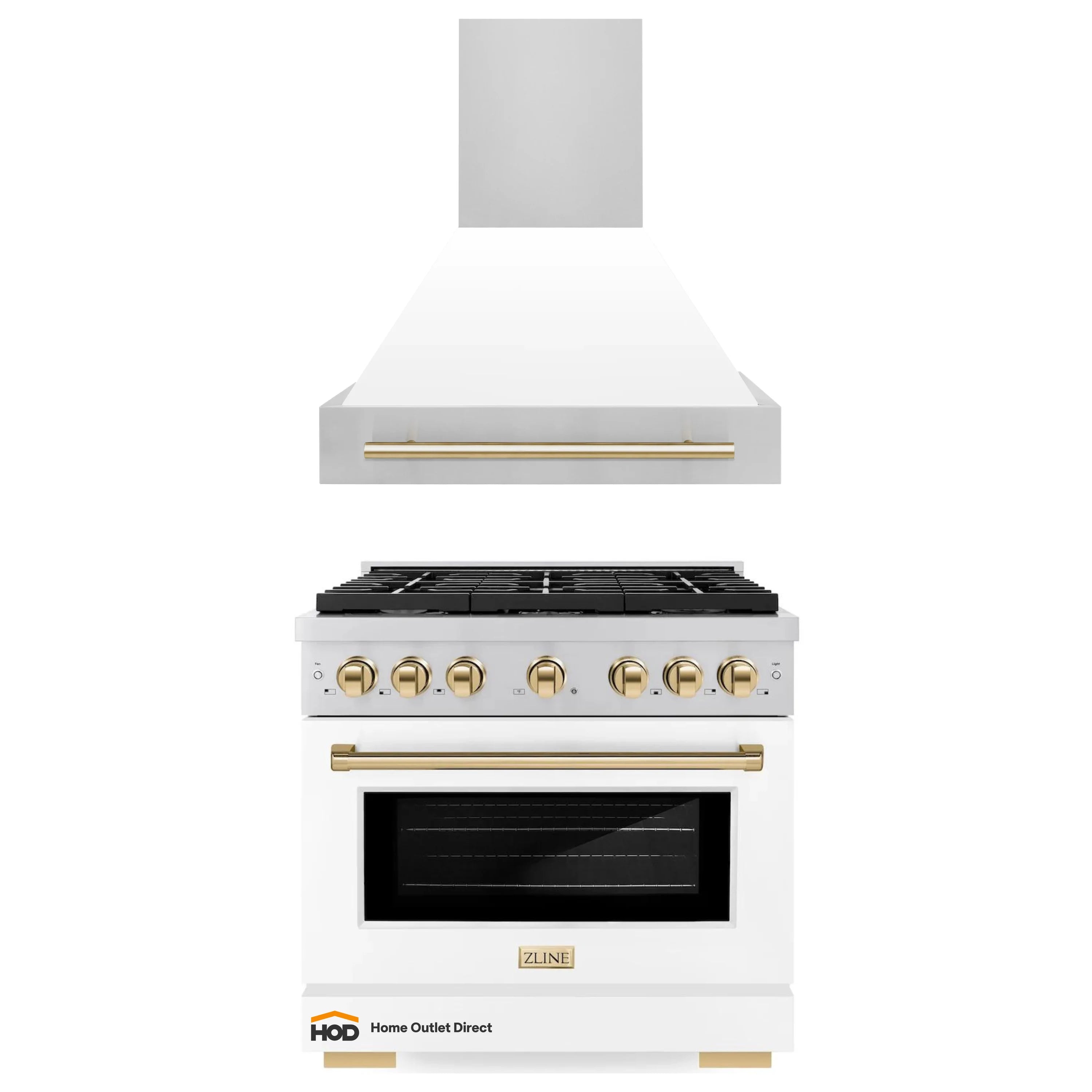 Gas range with mounted range hood, white and stainless with gold trim and black cooktop