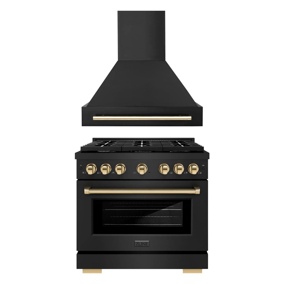 ZLINE Autograph Edition 2-Piece Appliance Package - 36-Inch Gas Range & Wall Mounted Range Hood in Black Stainless Steel with Gold Trim (2AKP-SGRBRH36-G)