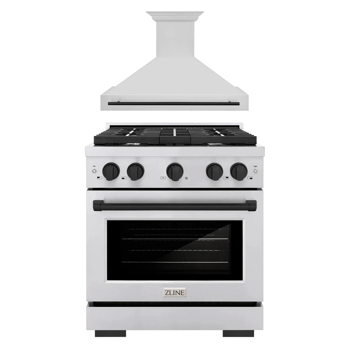 ZLINE Autograph Edition 2-Piece Appliance Package - 30-Inch Gas Range and Wall Mounted Range Hood in Stainless Steel with Matte Black Trim (2AKP-SGRRH30-MB)