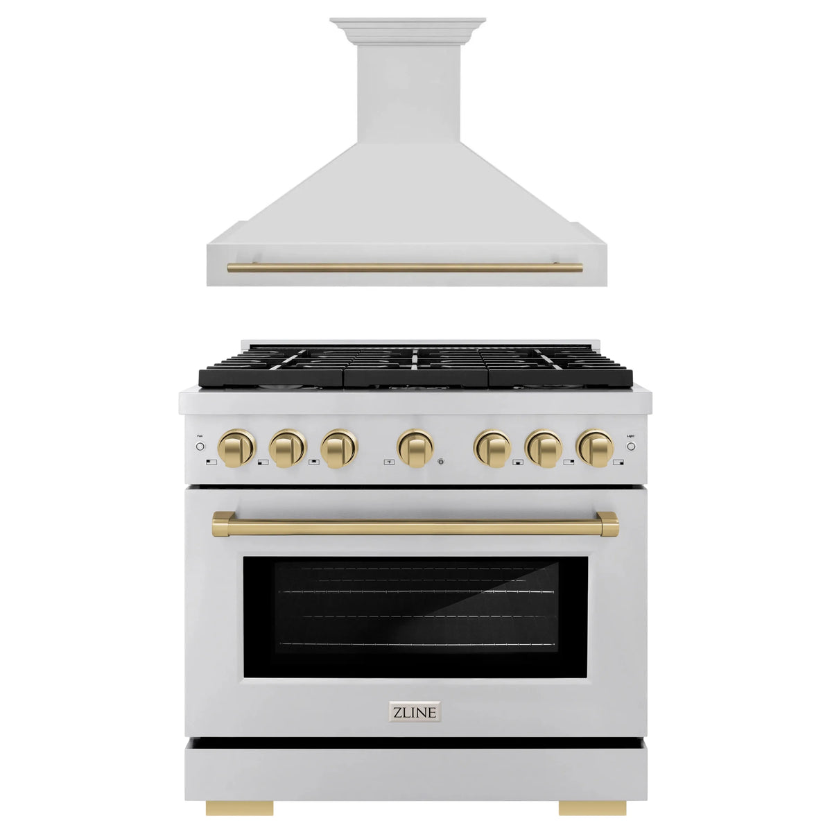 ZLINE Autograph Edition 2-Piece Appliance Package - 36-Inch Gas Range & Wall Mounted Range Hood in Stainless Steel with Champagne Bronze Trim (2AKP-SGRRH36-CB)
