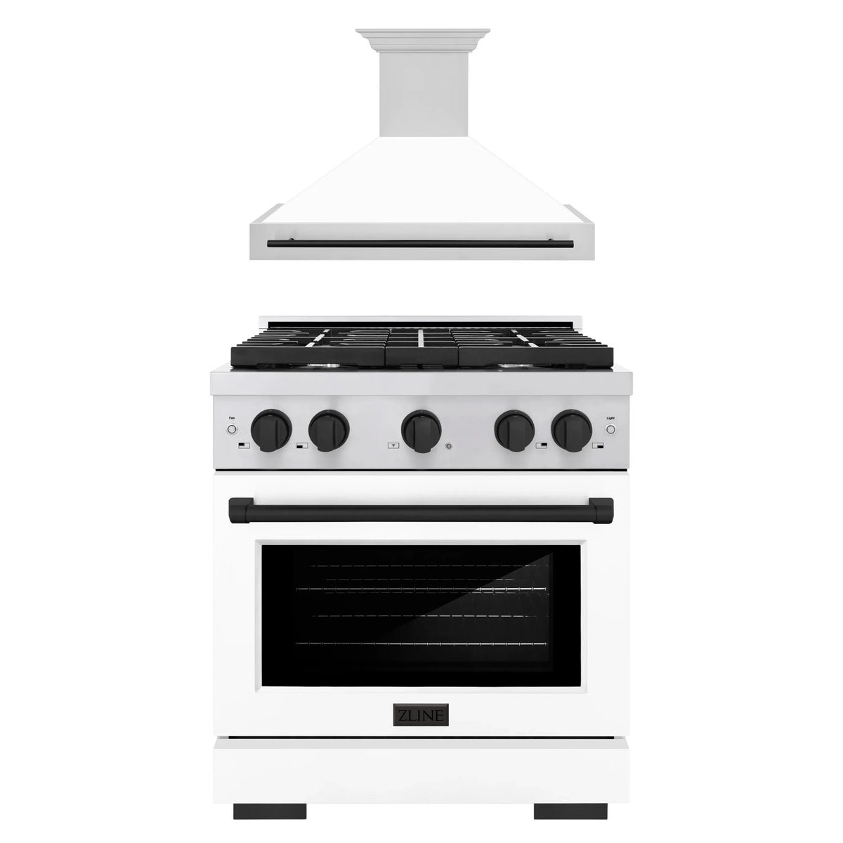 ZLINE Autograph Edition 2-Piece Appliance Package - 30-Inch Gas Range and Wall Mounted Range Hood in Stainless Steel and White Door with Matte Black Trim (2AKP-SGRWMRH30-MB)