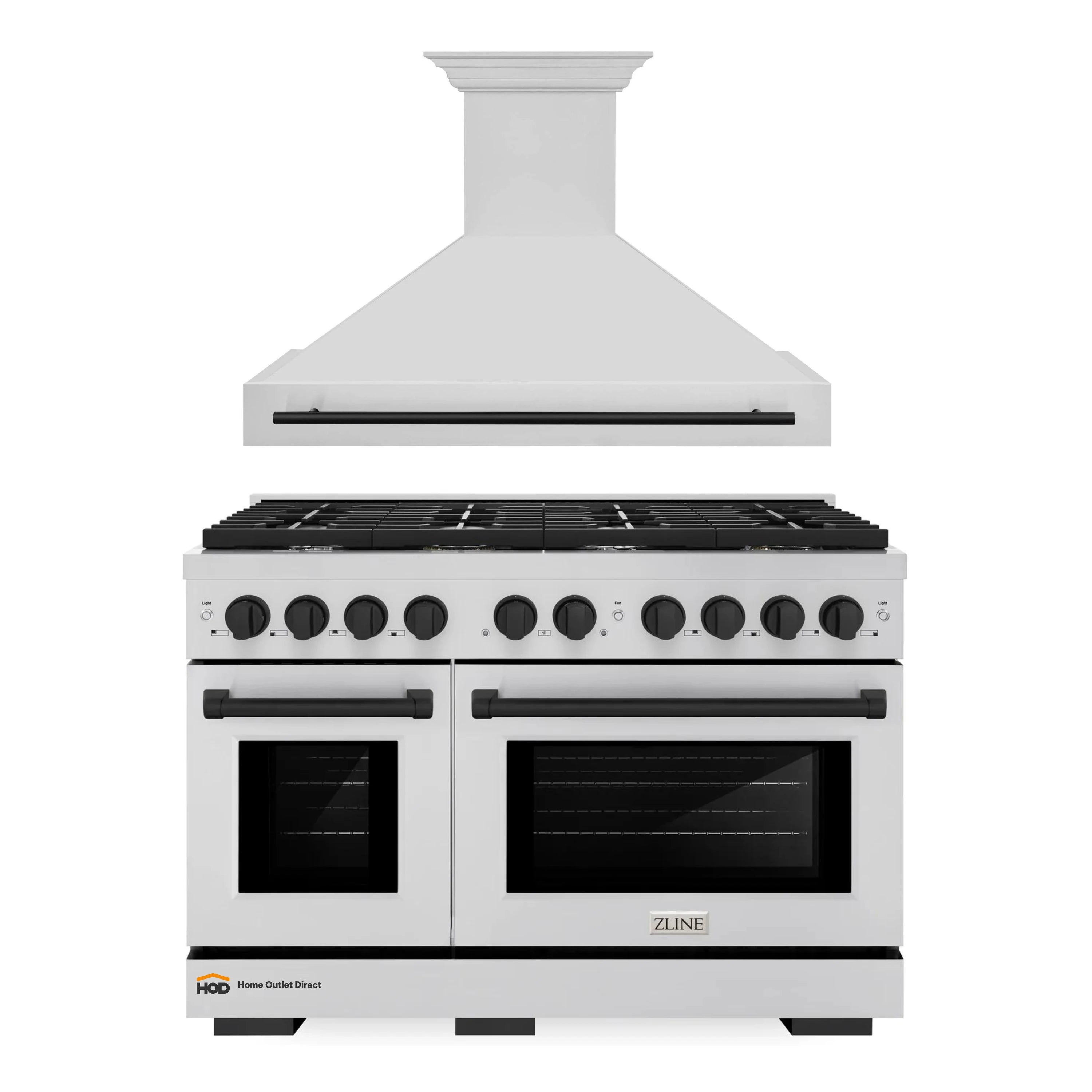 Stainless steel gas range with black burner knobs and double ovens, wall-mounted range hood