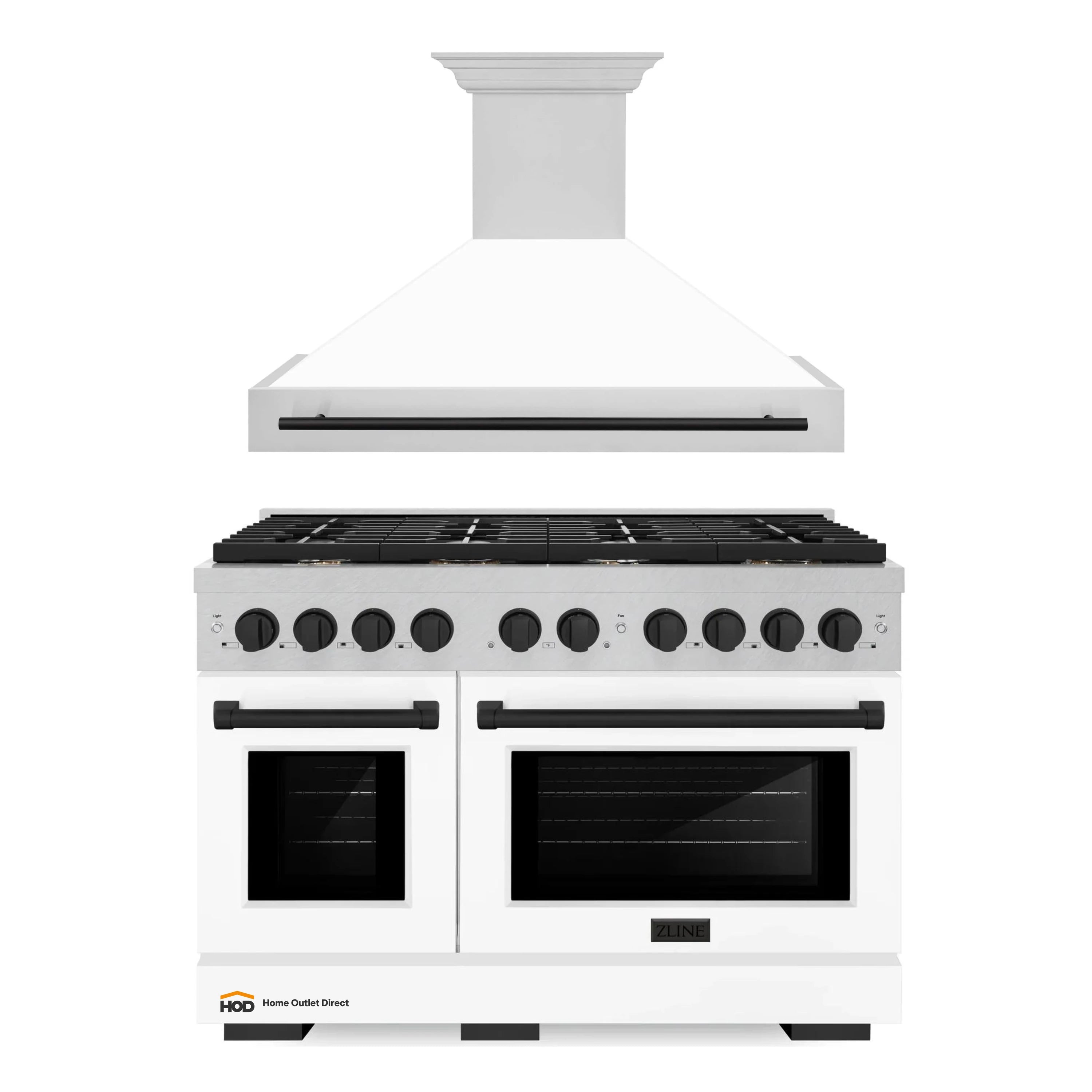 Gas range and wall hood set in white with black trim, plus black cooktop grates