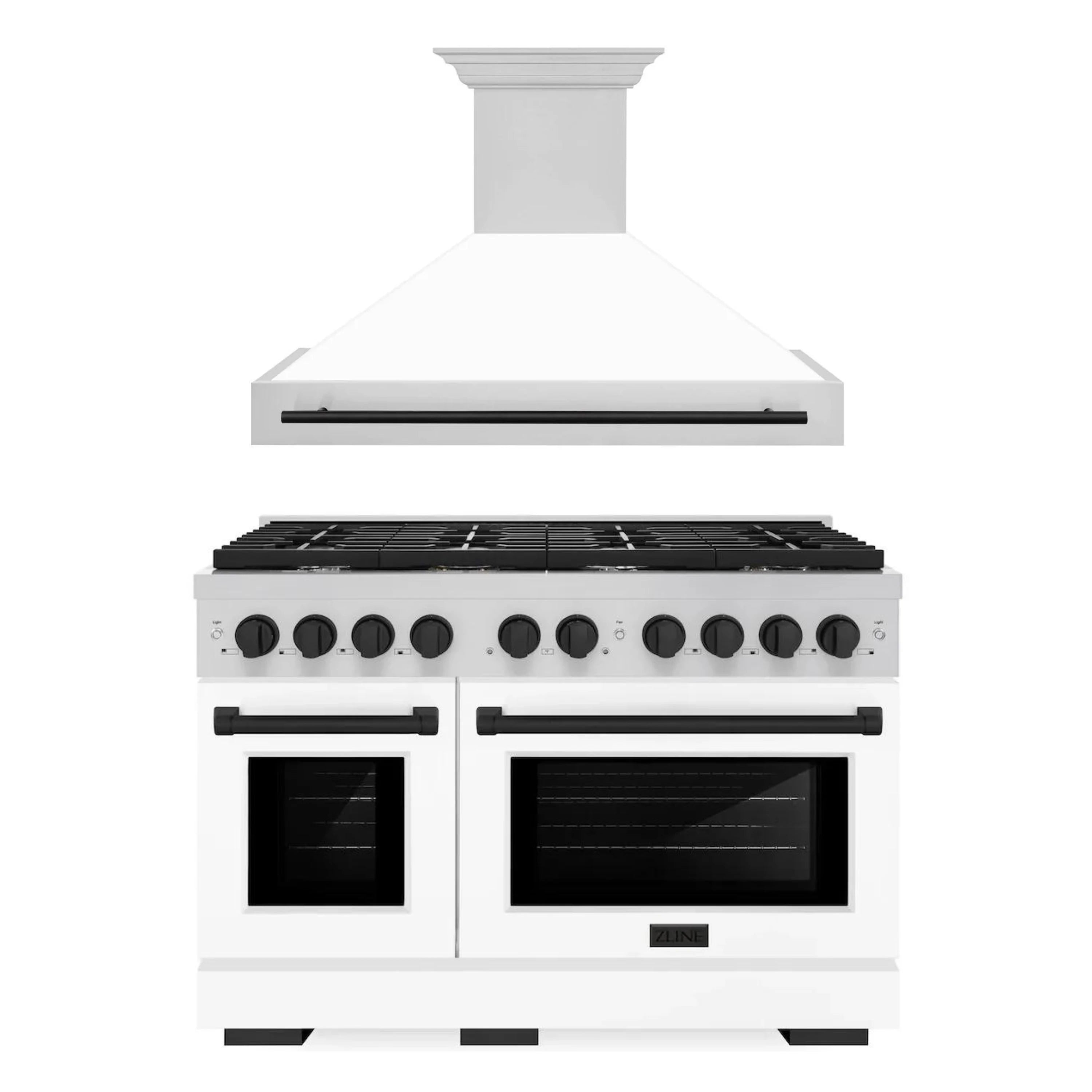 Wall-mounted white range hood with stainless trim above a white gas range