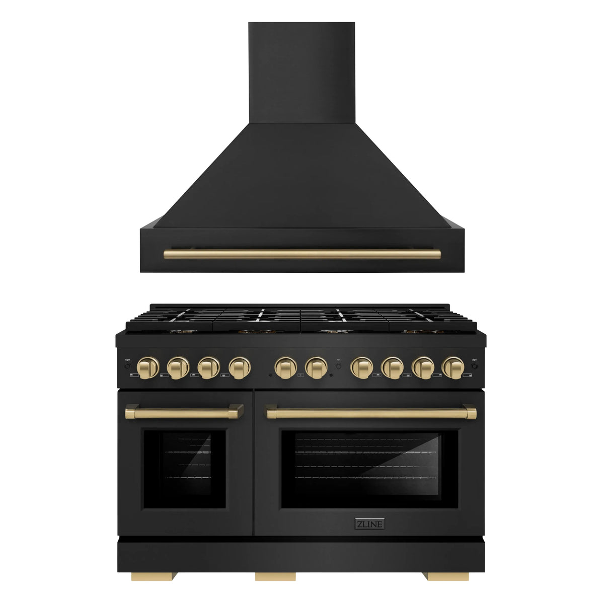 ZLINE Autograph Edition 2-Piece Appliance Package - 48-Inch Gas Range & Wall Mounted Range Hood in Black Stainless Steel with Champagne Bronze Trim (2AKPR-SGRBRH48-CB)
