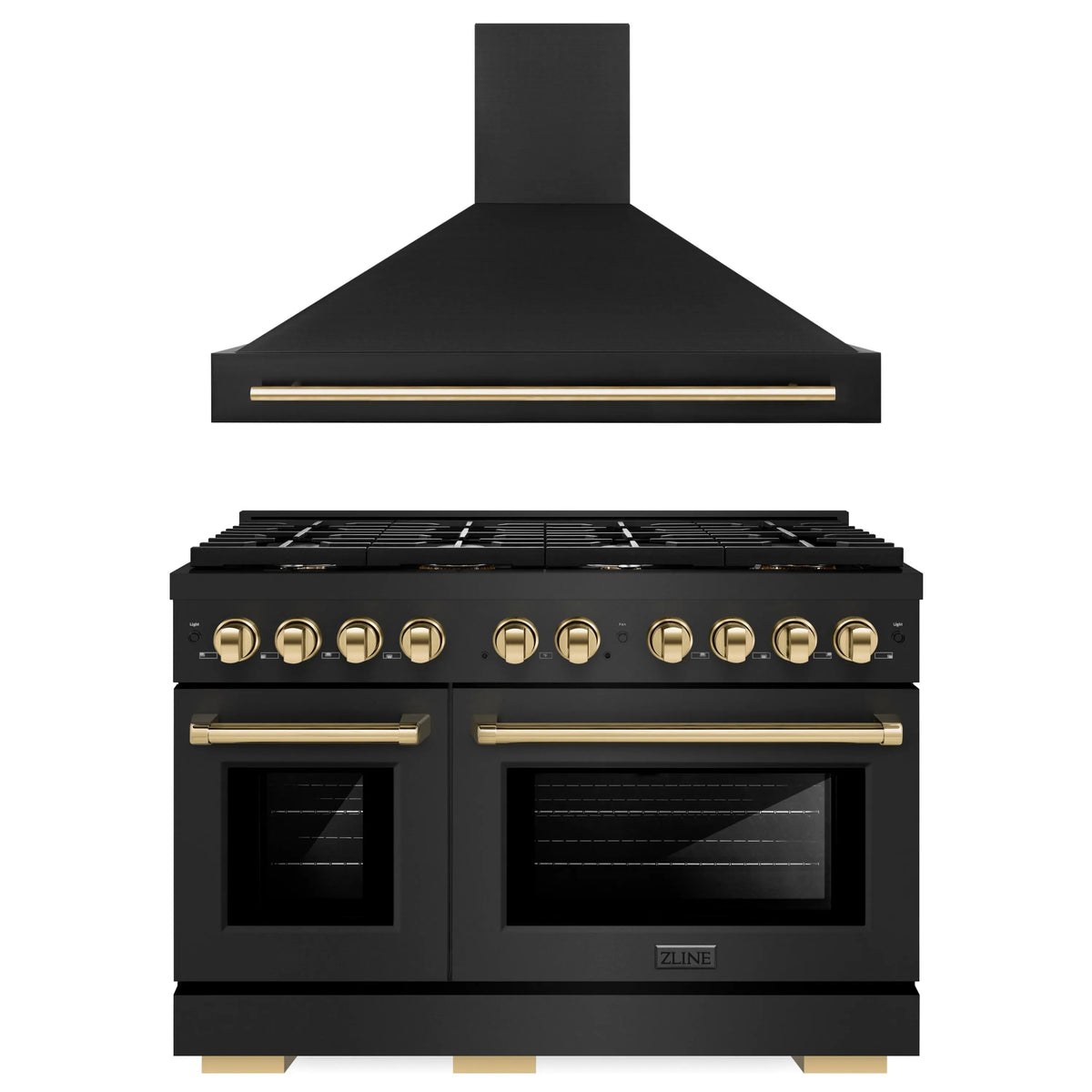 ZLINE Autograph Edition 2-Piece Appliance Package - 48-Inch Gas Range & Wall Mounted Range Hood in Black Stainless Steel with Gold Trim (2AKPR-SGRBRH48-G)