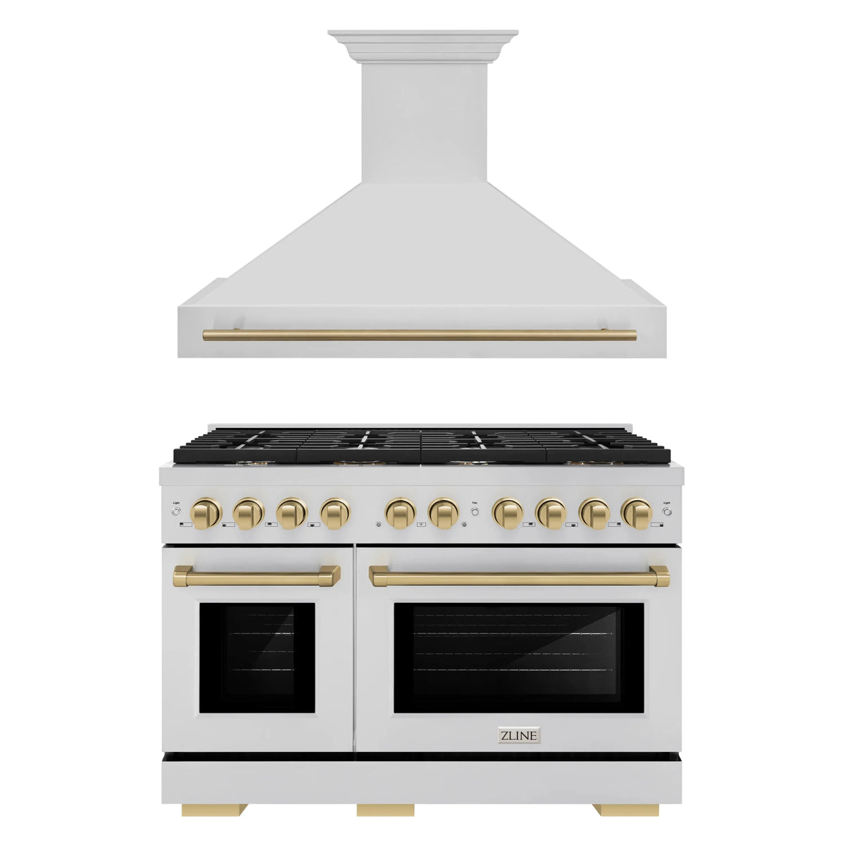 ZLINE Autograph Edition 2-Piece Appliance Package - 48-Inch Gas Range & Wall Mounted Range Hood in Stainless Steel with Champagne Bronze Trim (2AKPR-SGRRH48-CB)