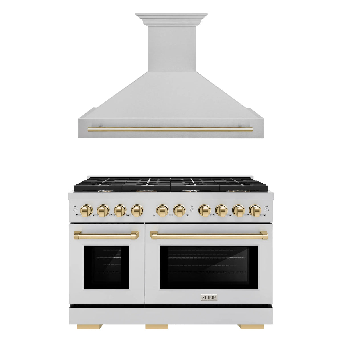 ZLINE Autograph Edition 2-Piece Appliance Package - 48-Inch Gas Range & Wall Mounted Range Hood in Stainless Steel with Gold Trim (2AKPR-SGRRH48-G)