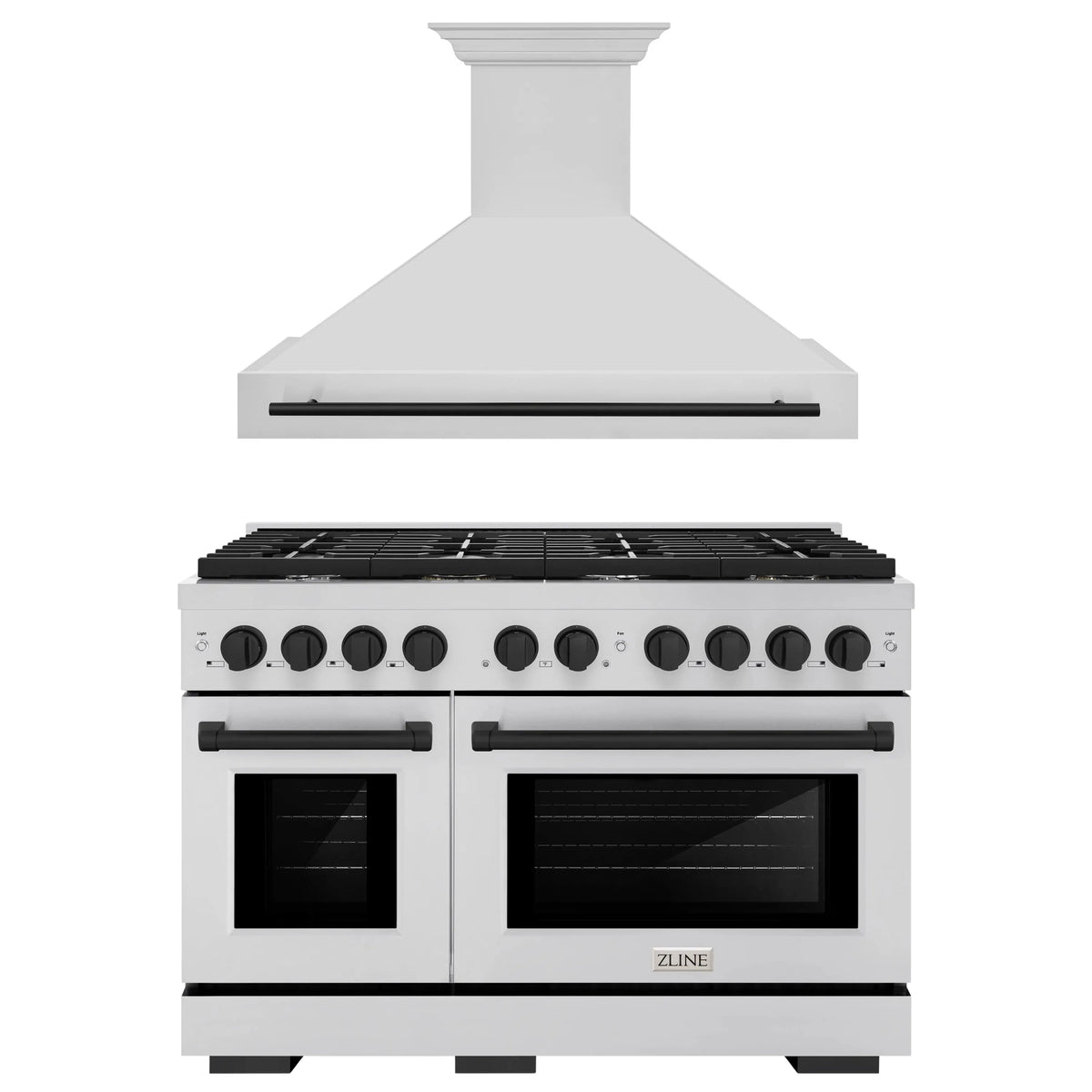 ZLINE Autograph Edition 2-Piece Appliance Package - 48-Inch Gas Range & Wall Mounted Range Hood in Stainless Steel with Matte Black Trim (2AKPR-SGRRH48-MB)