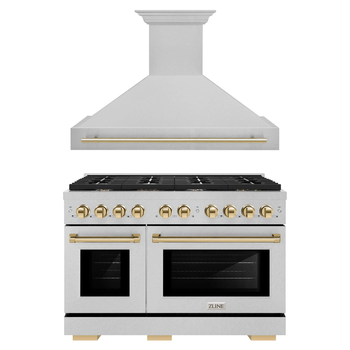 ZLINE Autograph Edition 2-Piece Appliance Package - 48-Inch Gas Range & Wall Mounted Range Hood in Satin Stainless Steel with Gold Trim (2AKPR-SGRSRH48-G)