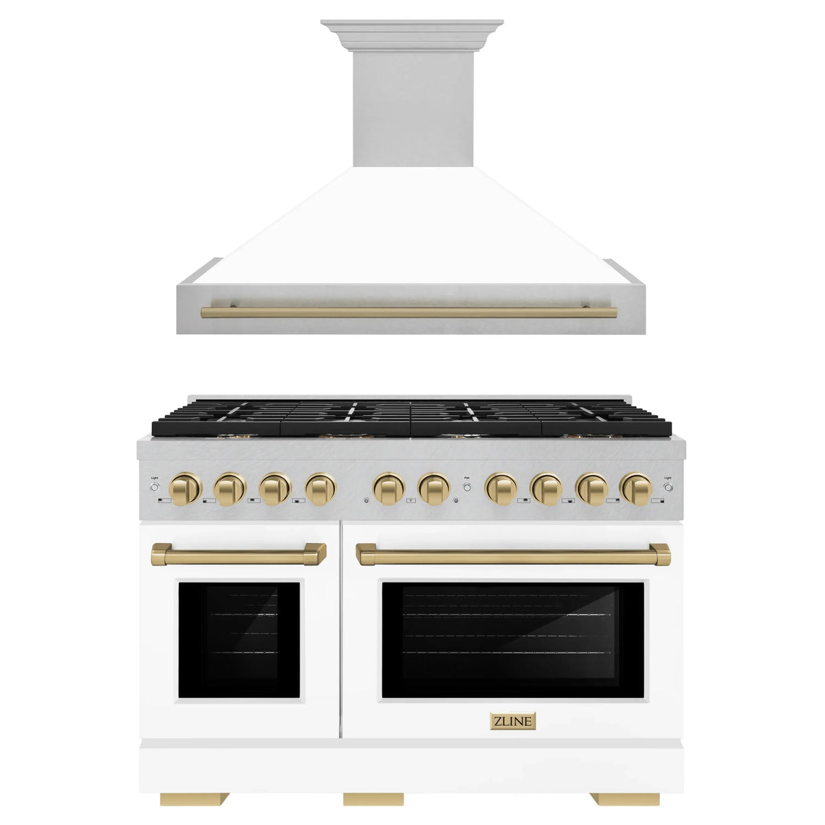 ZLINE Autograph Edition 2-Piece Appliance Package - 48-Inch Gas Range & Wall Mounted Range Hood in Satin Stainless Steel with White Matte Door and Champagne Bronze Trim (2AKPR-SGRSWMRH48-CB)