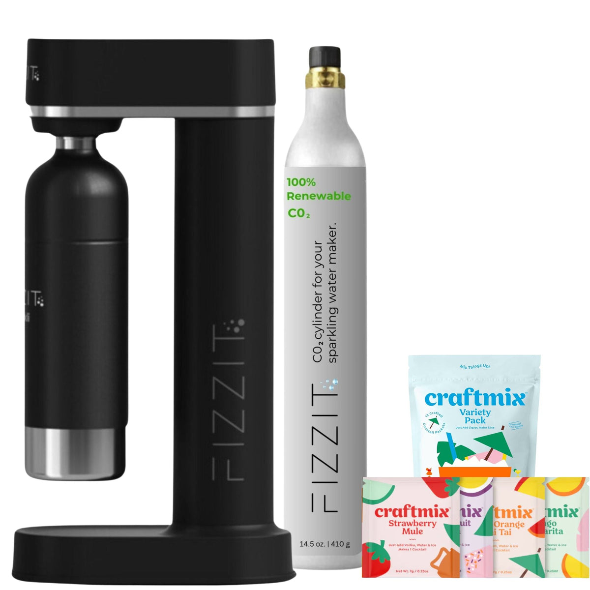Fizzit Spärklï Sparkling Water Maker Fizz & Flavor Bundle with 60L CO2 Cylinder and 12-Pack CraftMix Drink Mixes