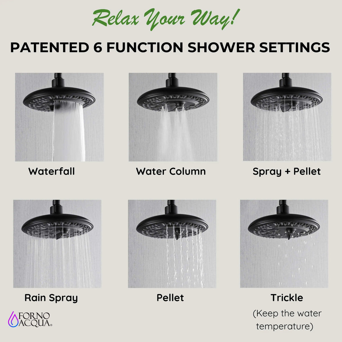 Matte black rain shower head showing waterfall, water column, and spray patterns