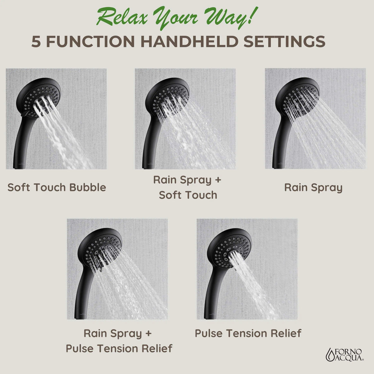 Matte black handheld shower with five spray settings, including rain spray and soft touch
