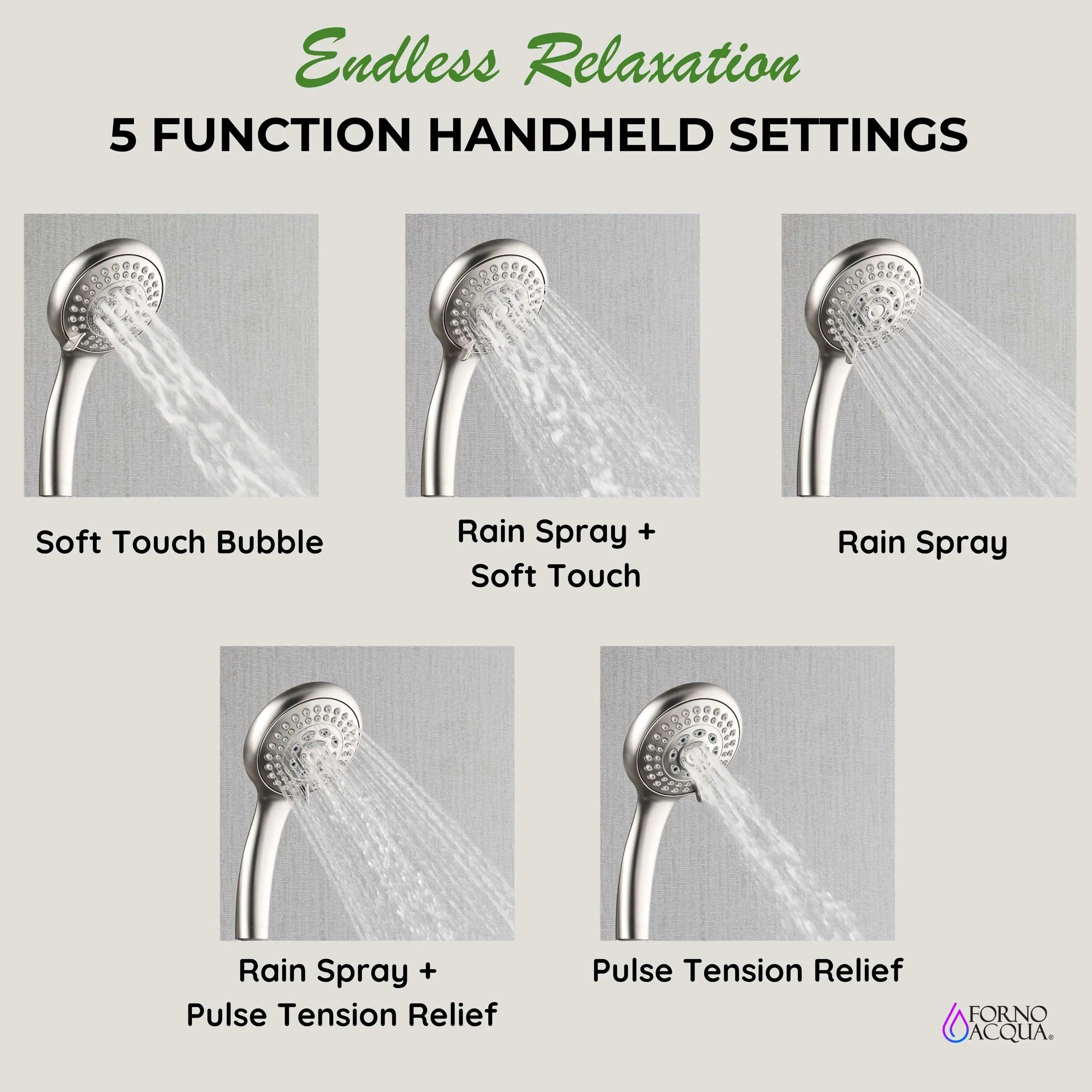 Brushed nickel handheld shower sprayer with soft touch bubble and rain spray settings