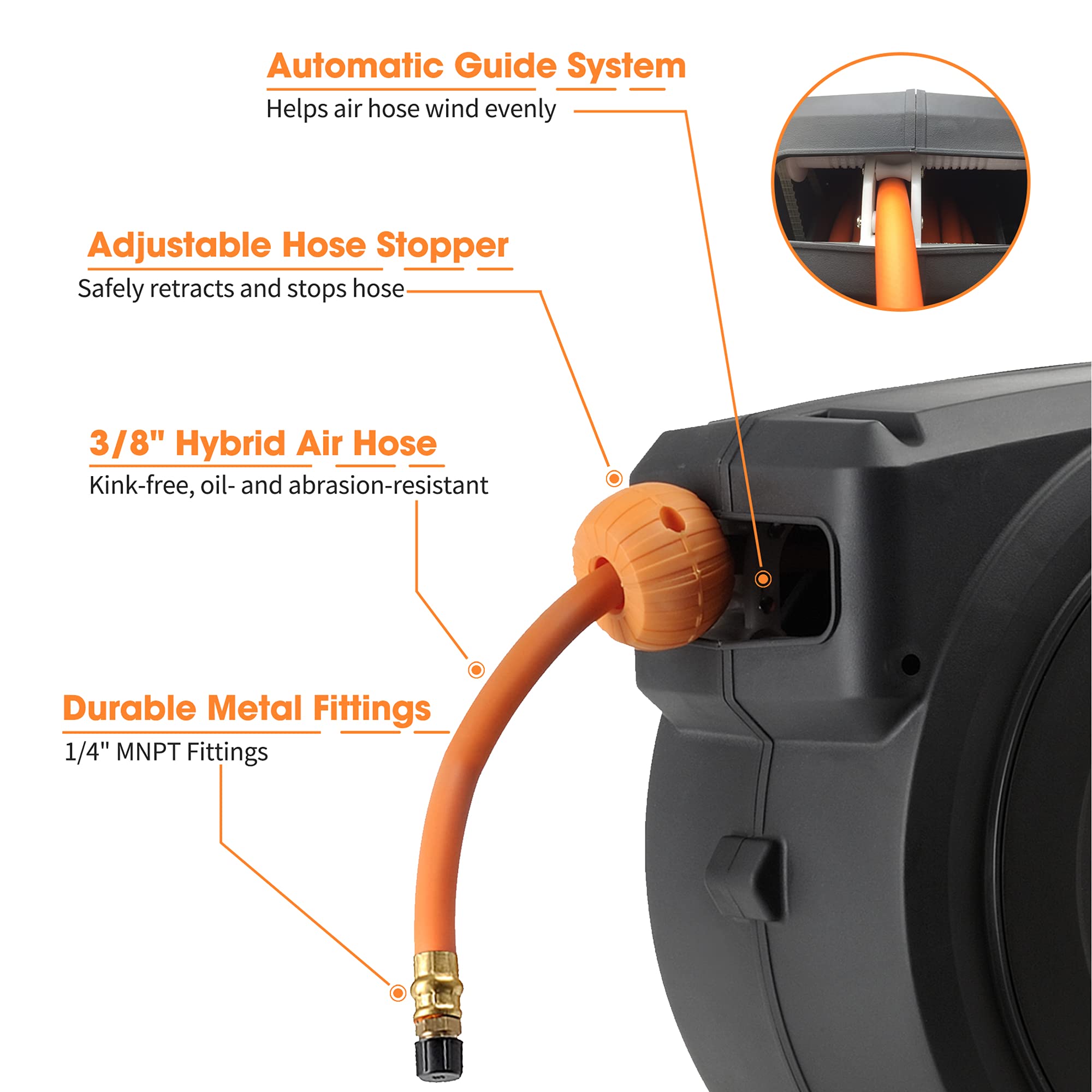 Retractable air hose reel with orange 3/8 in hybrid hose and brass fittings