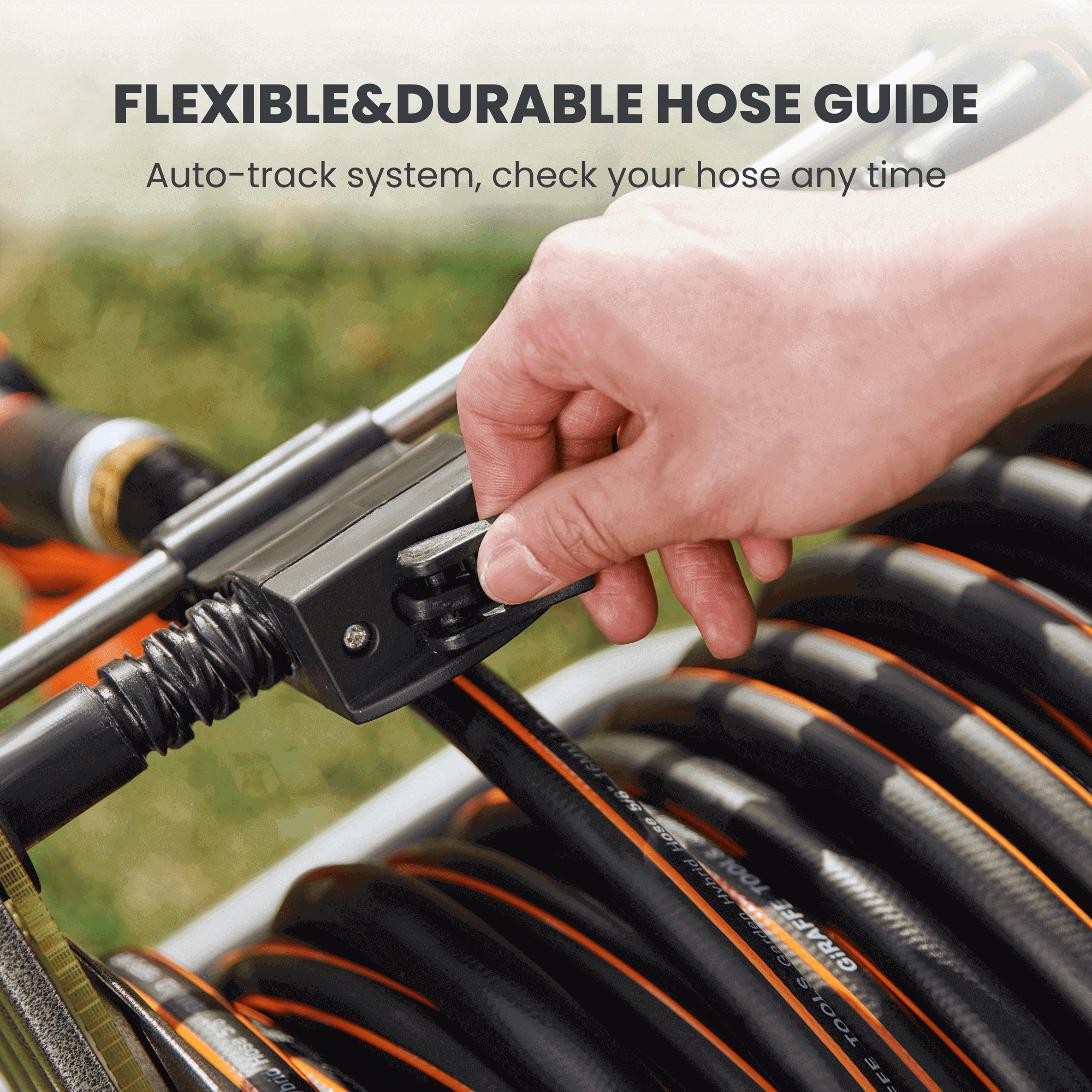 Hose reel cart hose guide with black track and roller arm detail