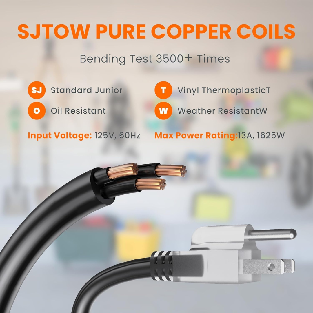Retractable extension cord reel with exposed plug ends and connector, black with copper-colored wire.