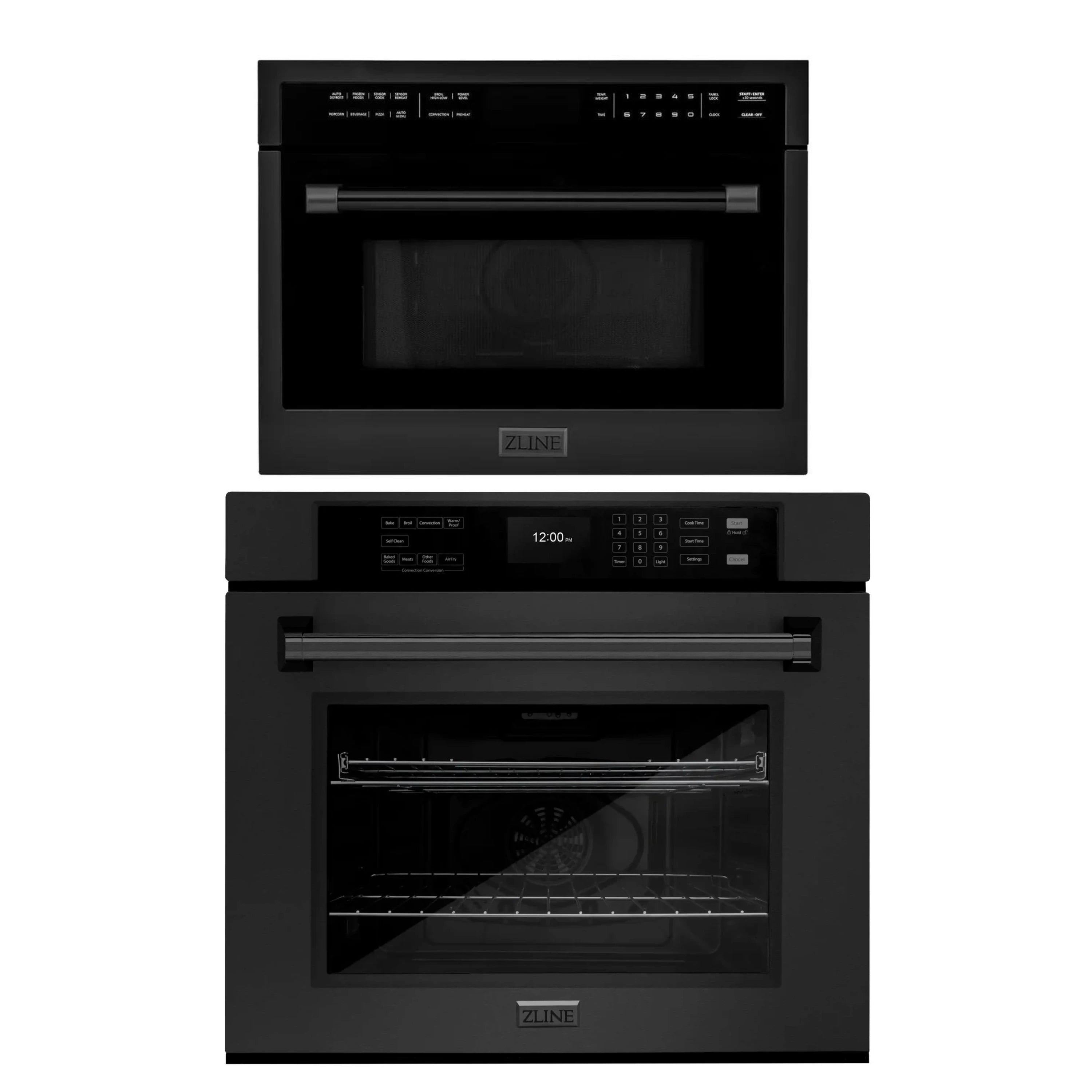 Two-piece set: black microwave and electric wall oven with glass doors closed