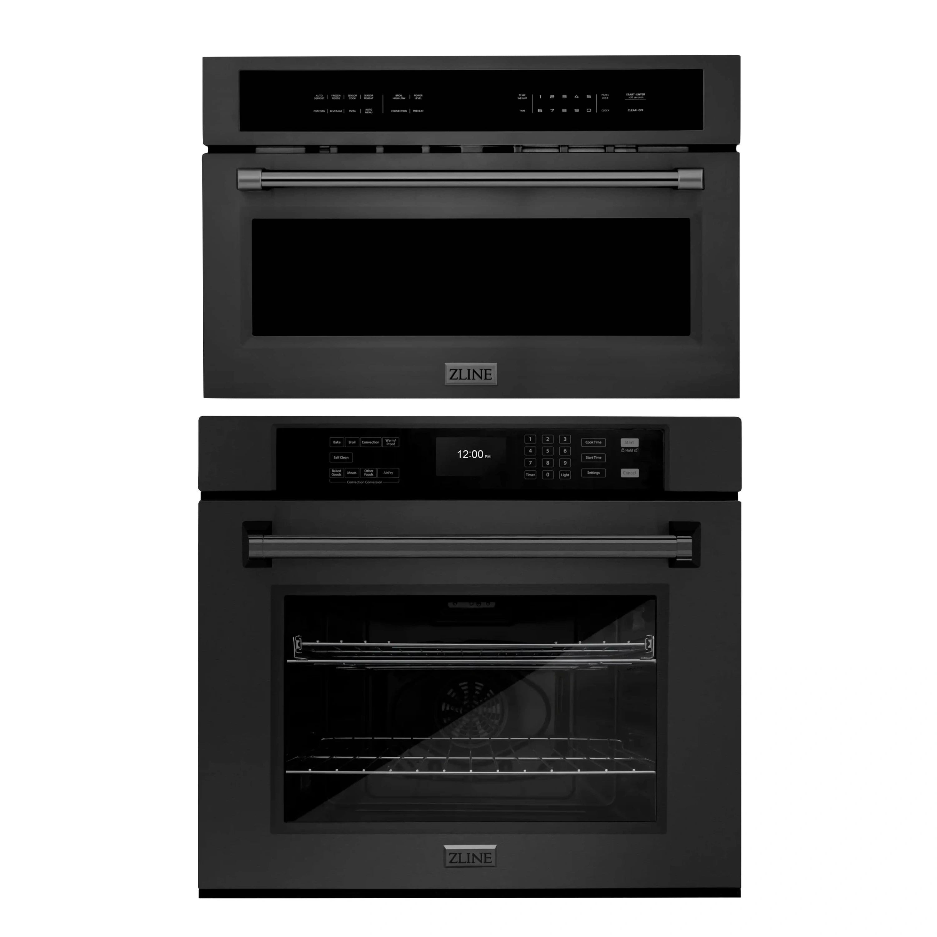 ZLINE stacked microwave and electric wall oven set in black stainless steel